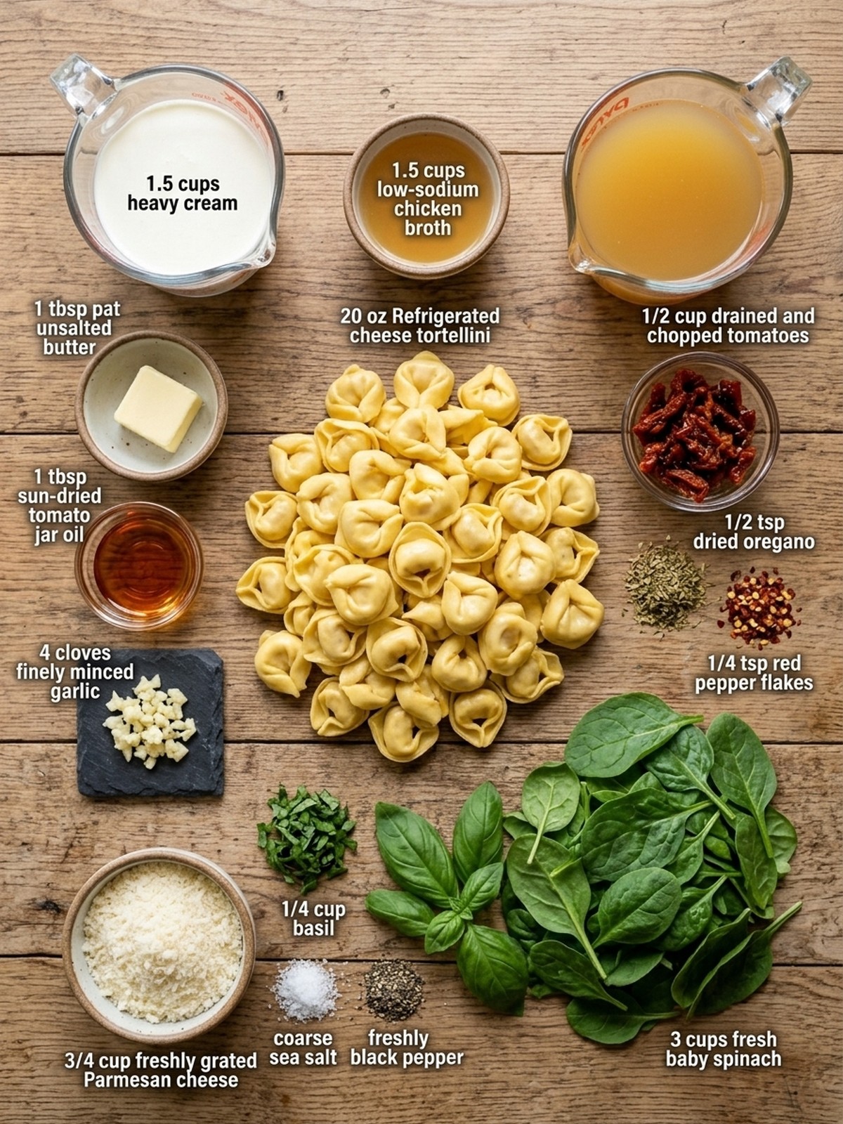 Marry Me Tortellini ingredients arranged for cooking