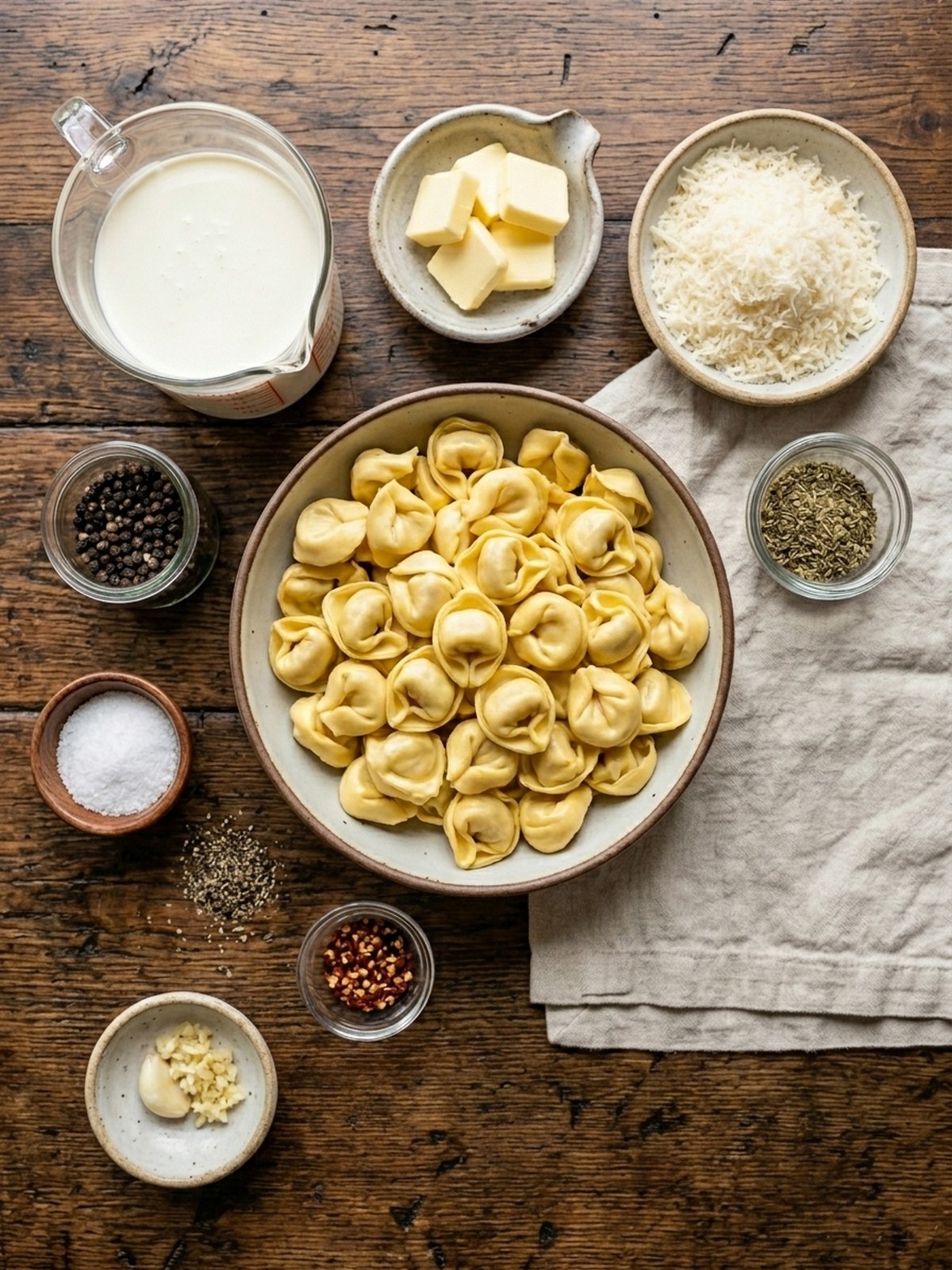 Marry Me Tortellini Bake ingredients arranged for cooking