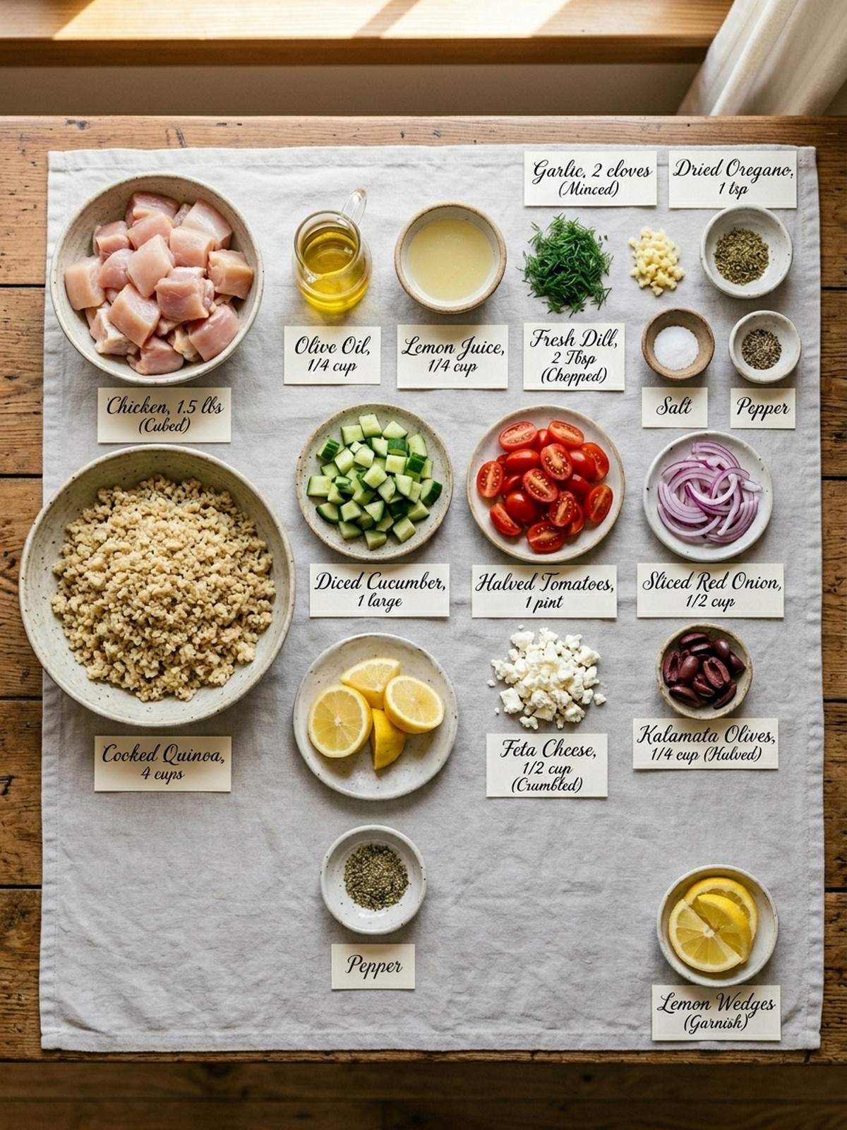 Mediterranean Lemon-Dill Chicken Bowls ingredients arranged for cooking