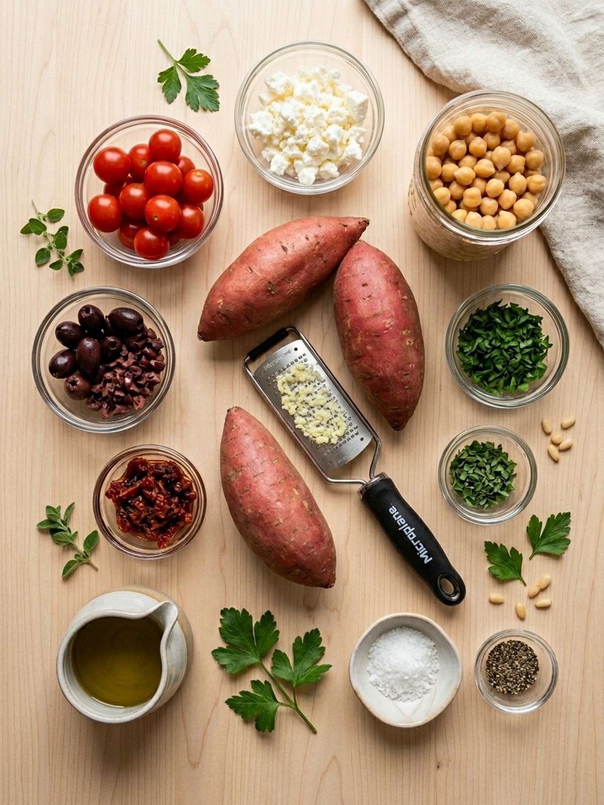 Mediterranean Stuffed Sweet Potatoes ingredients arranged for cooking