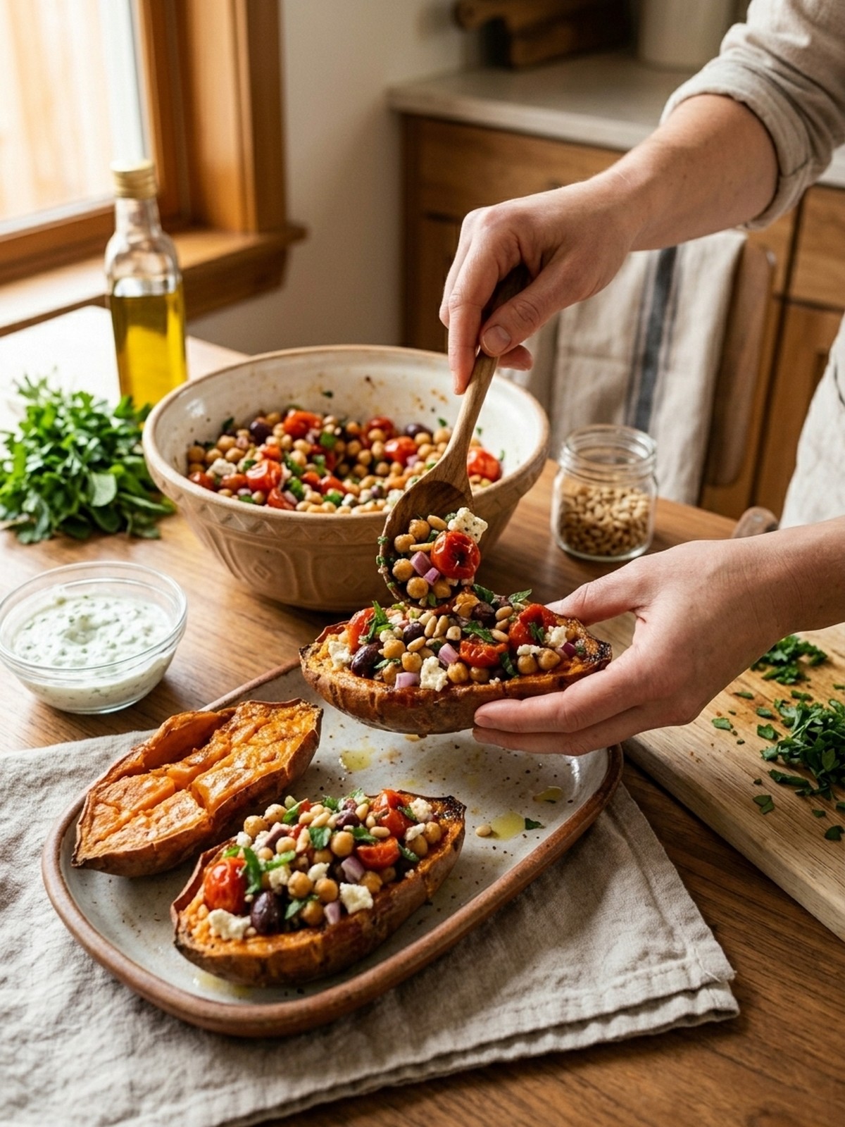 Step by step preparation of Mediterranean Stuffed Sweet Potatoes