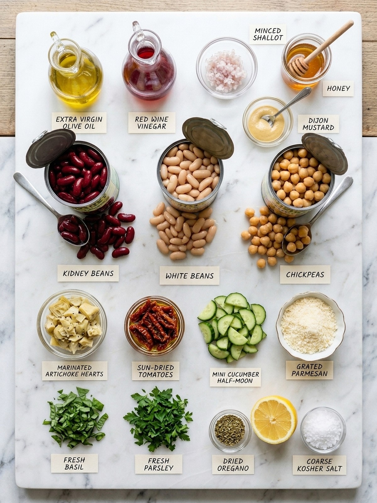 Mediterranean Three Bean Salad ingredients arranged for cooking