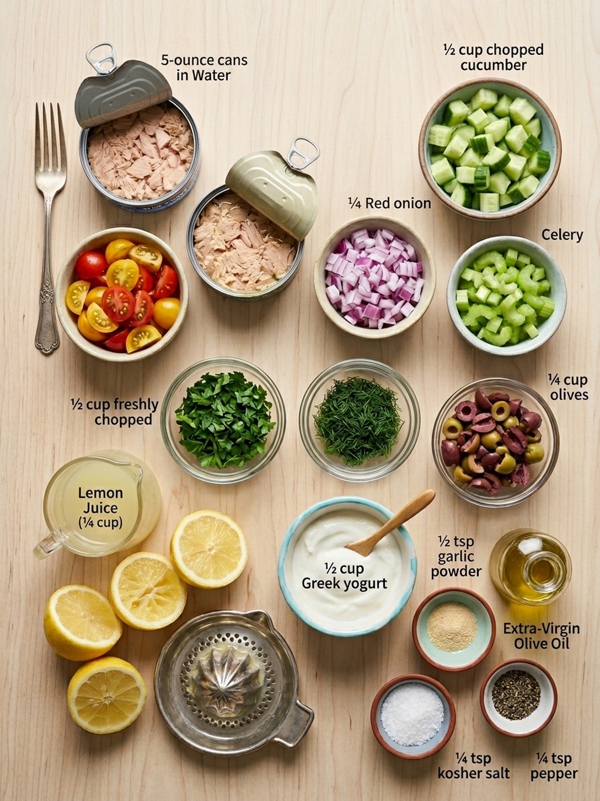 Mediterranean Tuna Salad ingredients with tuna cucumber tomatoes olives herbs lemon and Greek yogurt