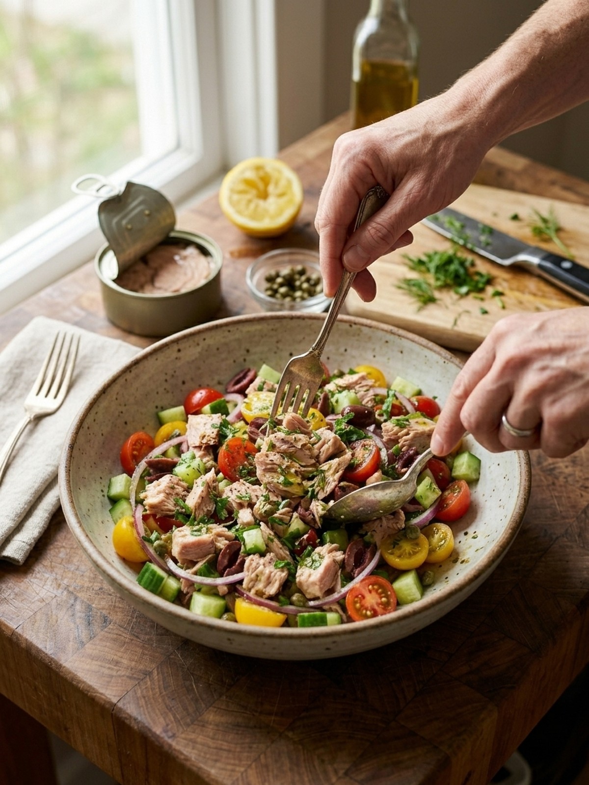 Step by step preparation of Mediterranean Tuna Salad in a mixing bowl