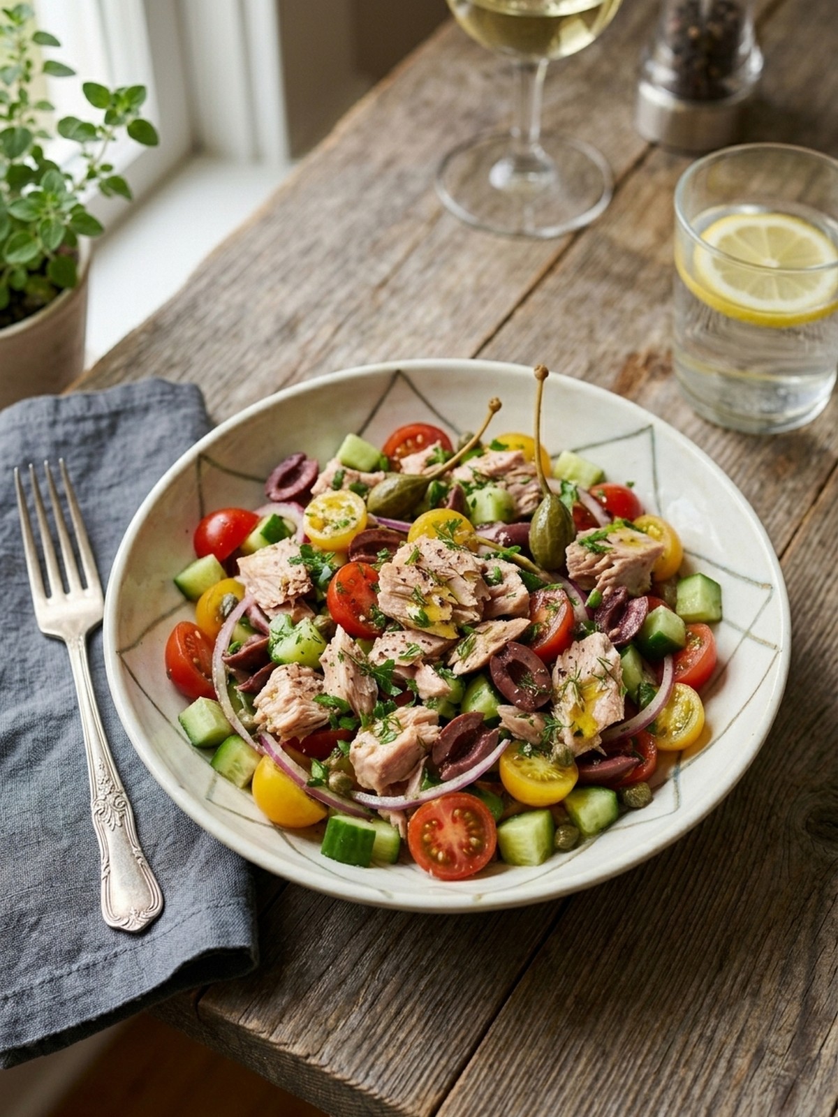 Serving and variation ideas for Mediterranean Tuna Salad with greens pita and vegetables