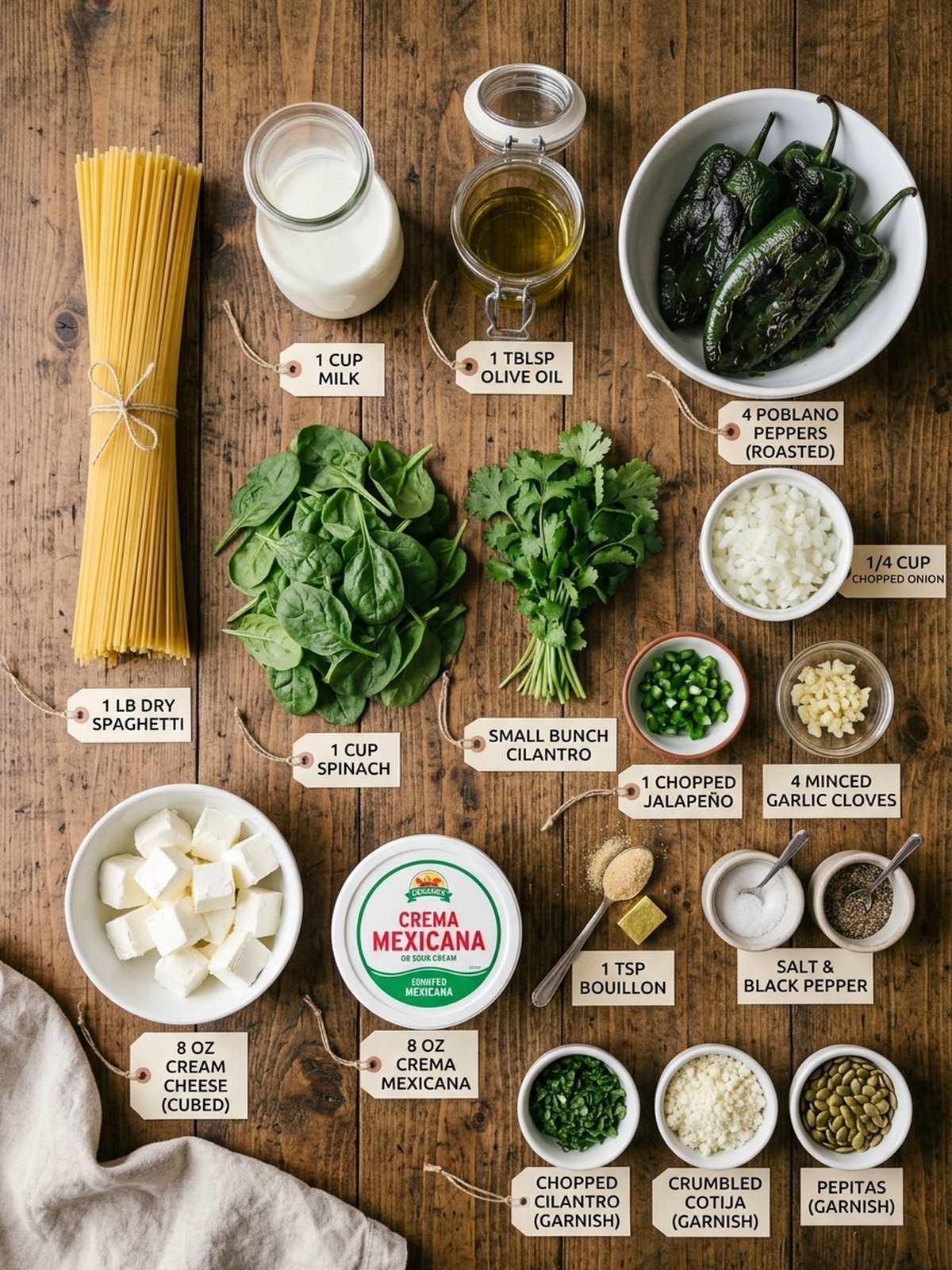 Mexican Green Spaghetti ingredients arranged for cooking