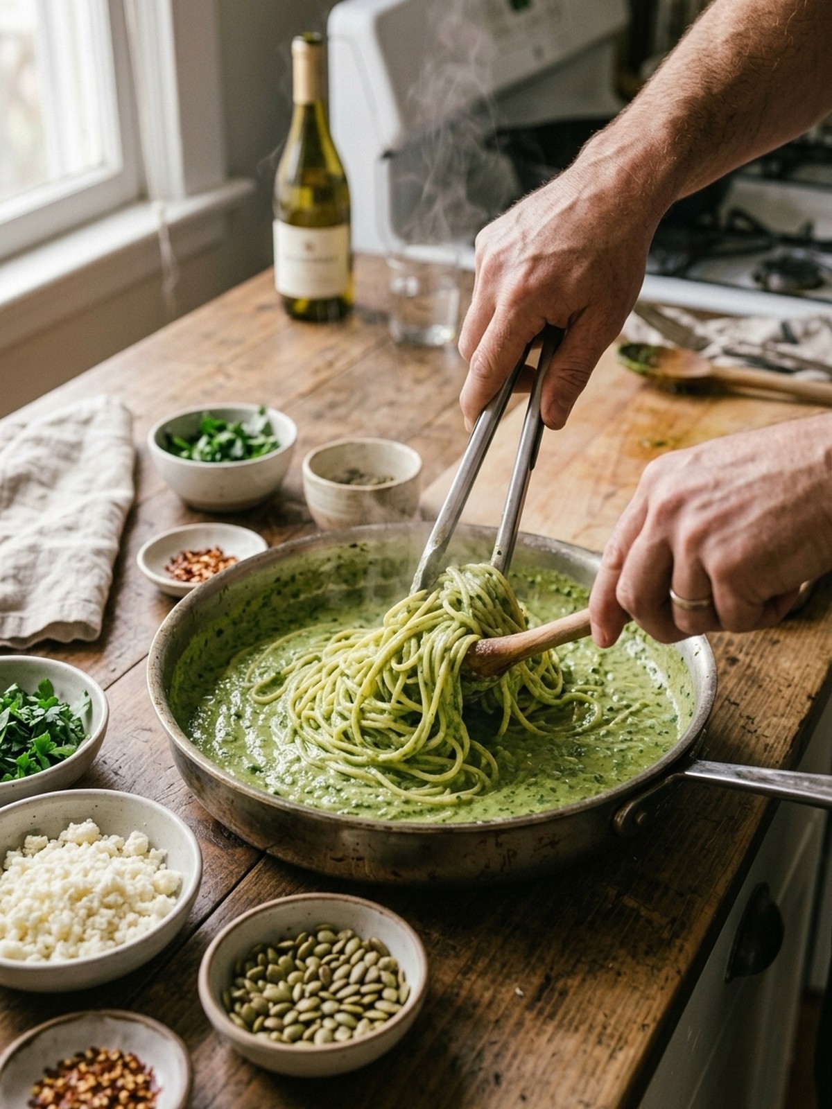 Step by step preparation of Mexican Green Spaghetti