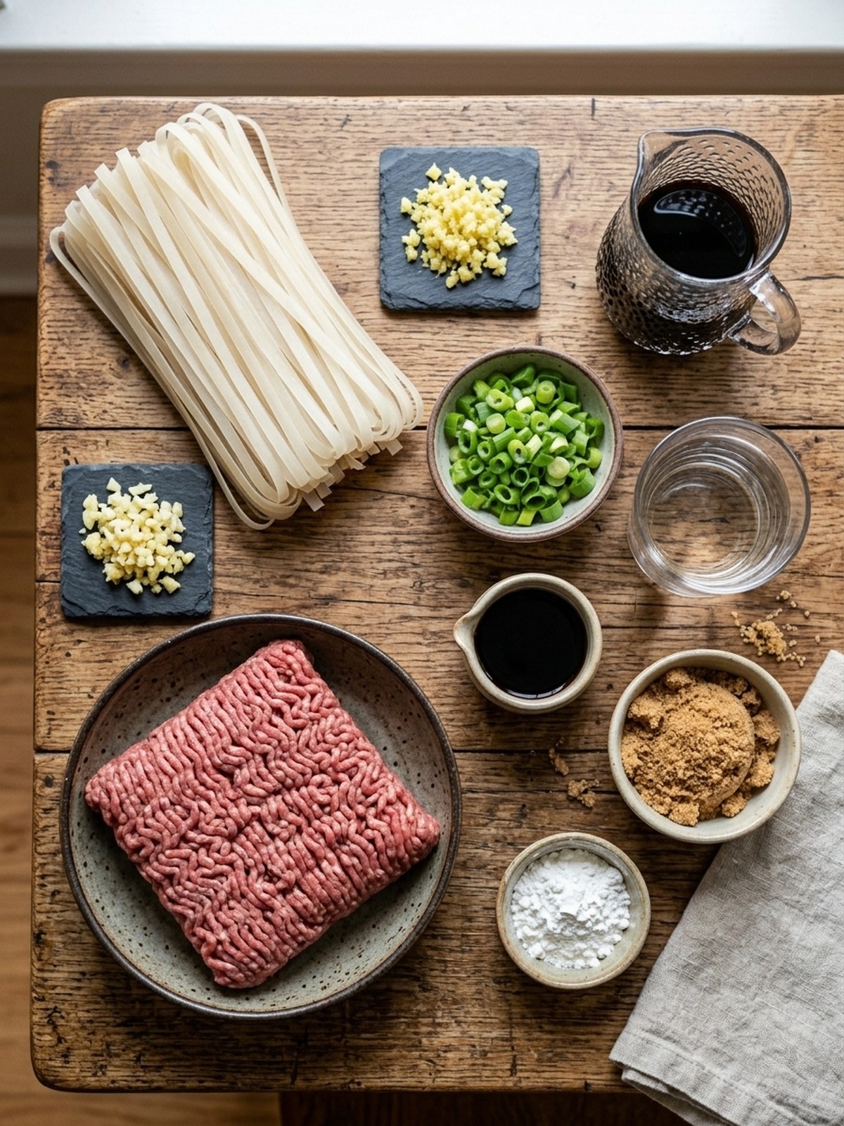 Mongolian Ground Beef Noodles ingredients arranged for cooking