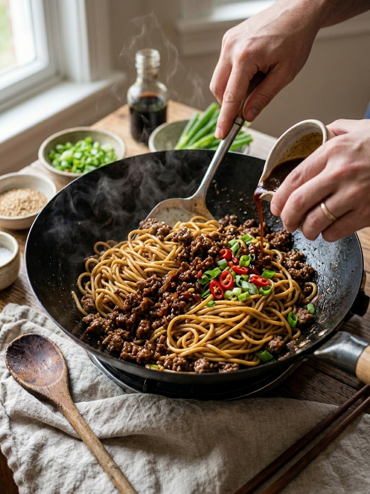 Step by step preparation of Mongolian Ground Beef Noodles