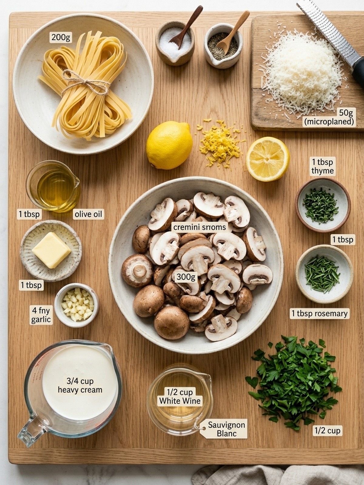 Creamy Mushroom Pasta Sauce ingredients arranged for cooking
