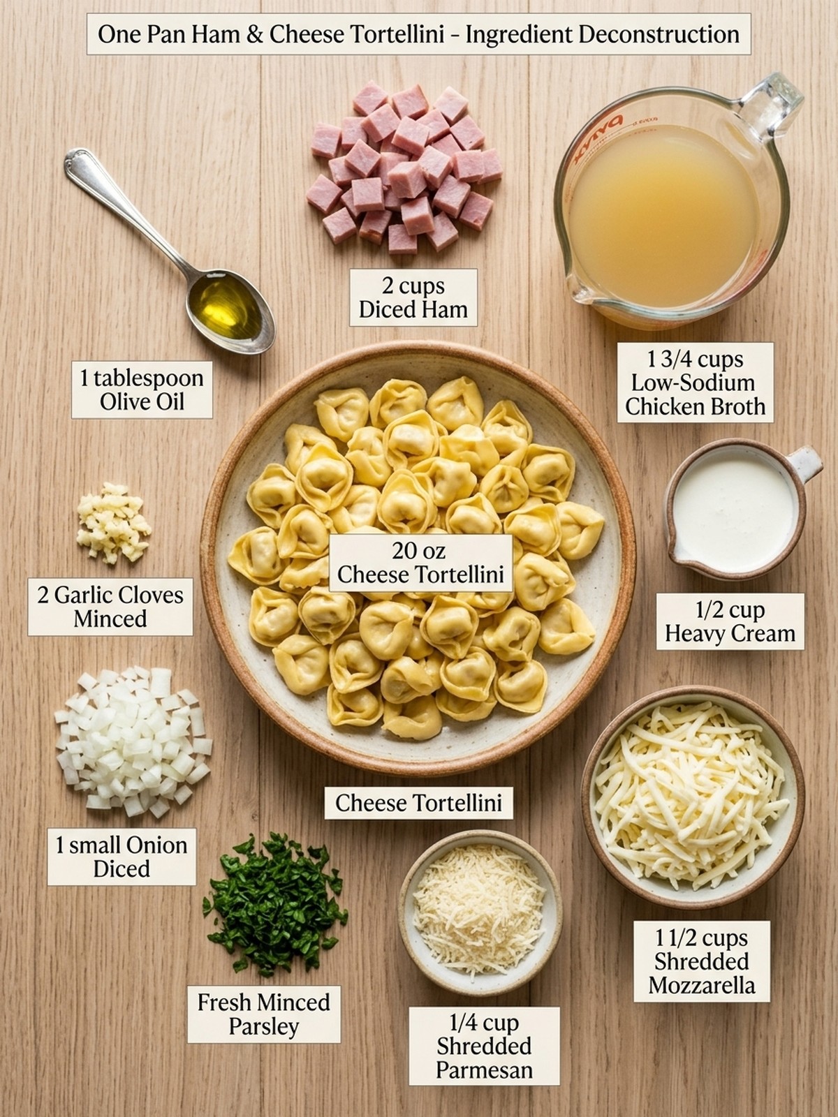 One Pan Ham & Cheese Tortellini ingredients arranged for cooking