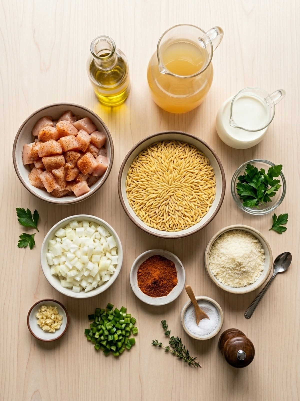 One Pot Cajun Chicken Alfredo Orzo ingredients arranged for cooking