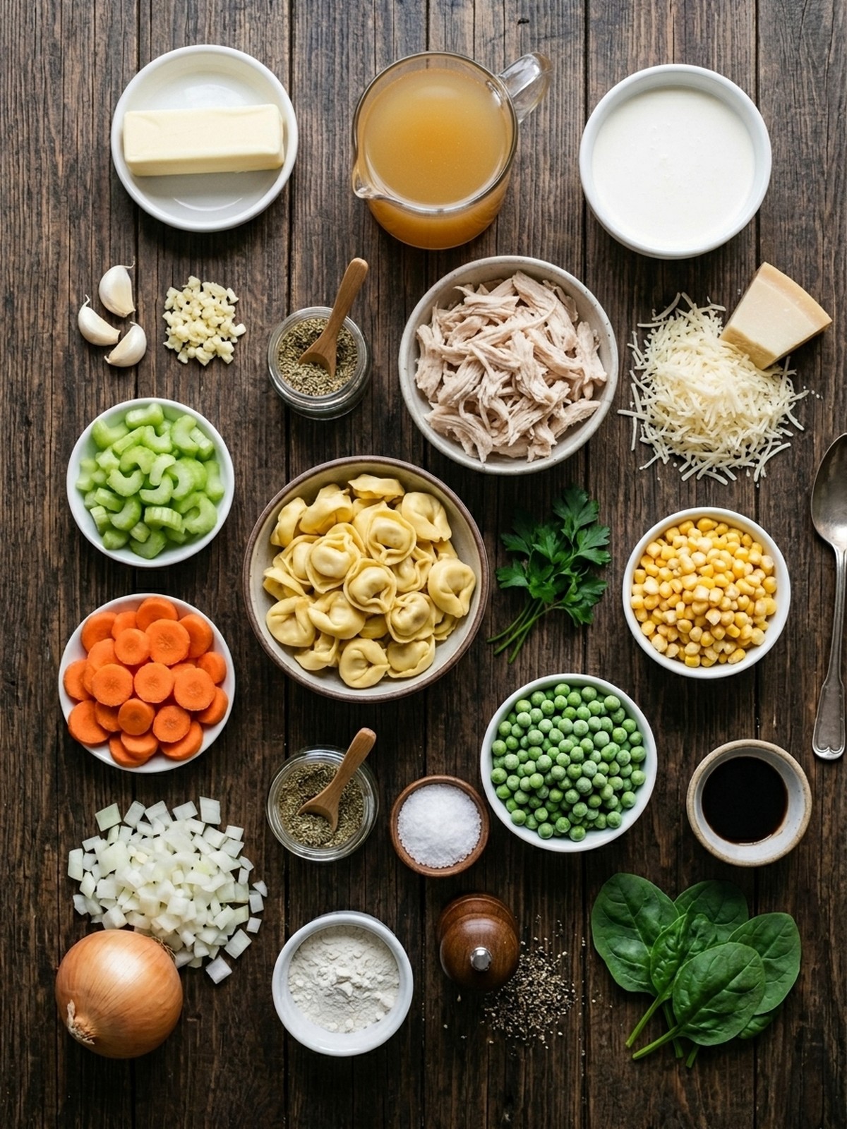 One-Pot Chicken Tortellini Soup ingredients arranged for cooking