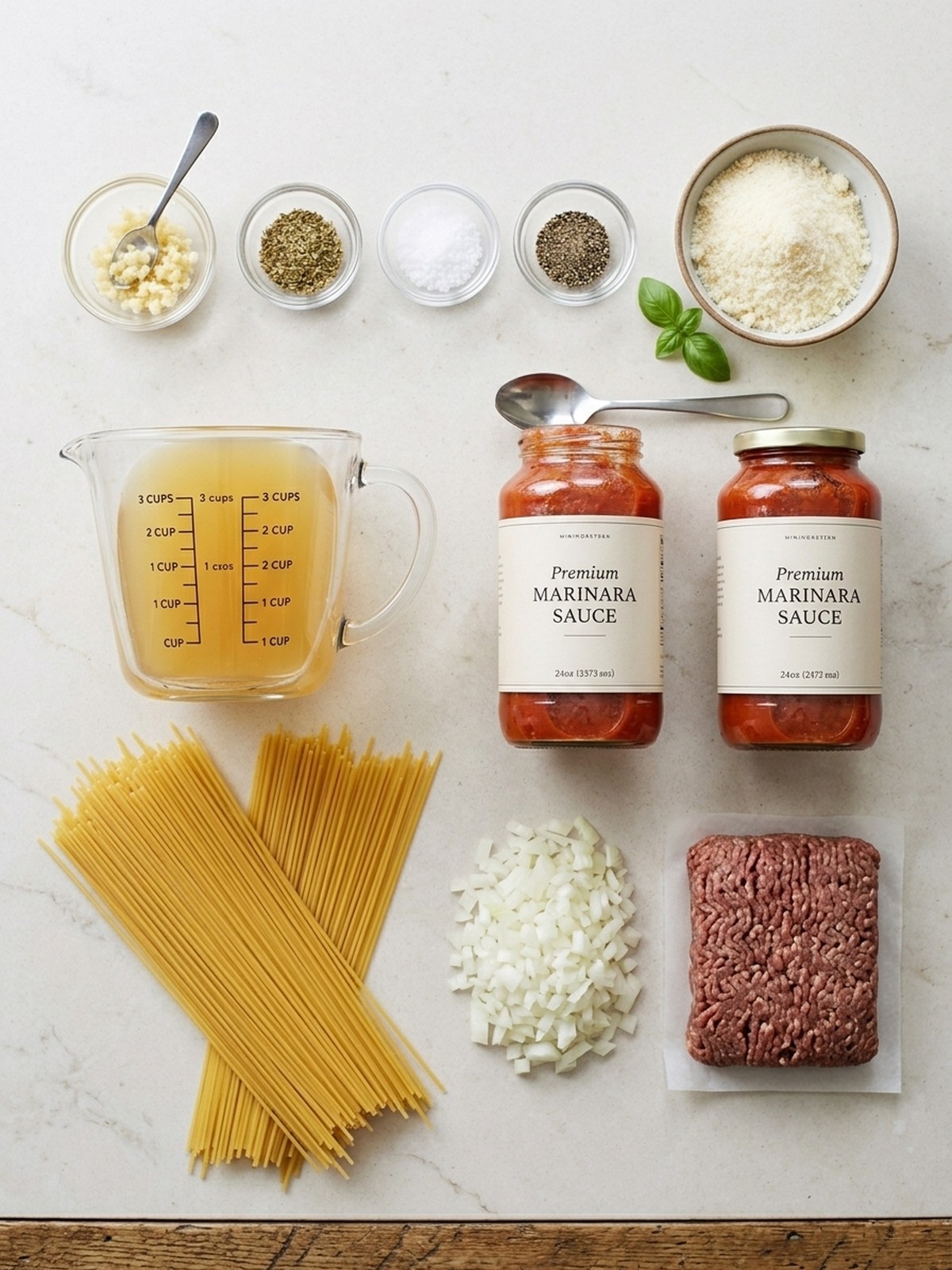 One Pot Spaghetti ingredients arranged for cooking