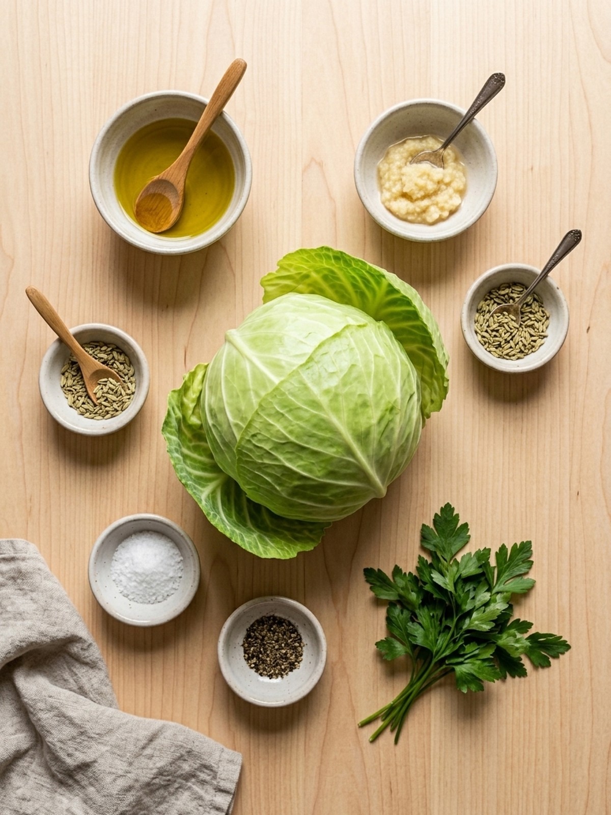 Oven Roasted Garlic Cabbage Steaks ingredients arranged for cooking
