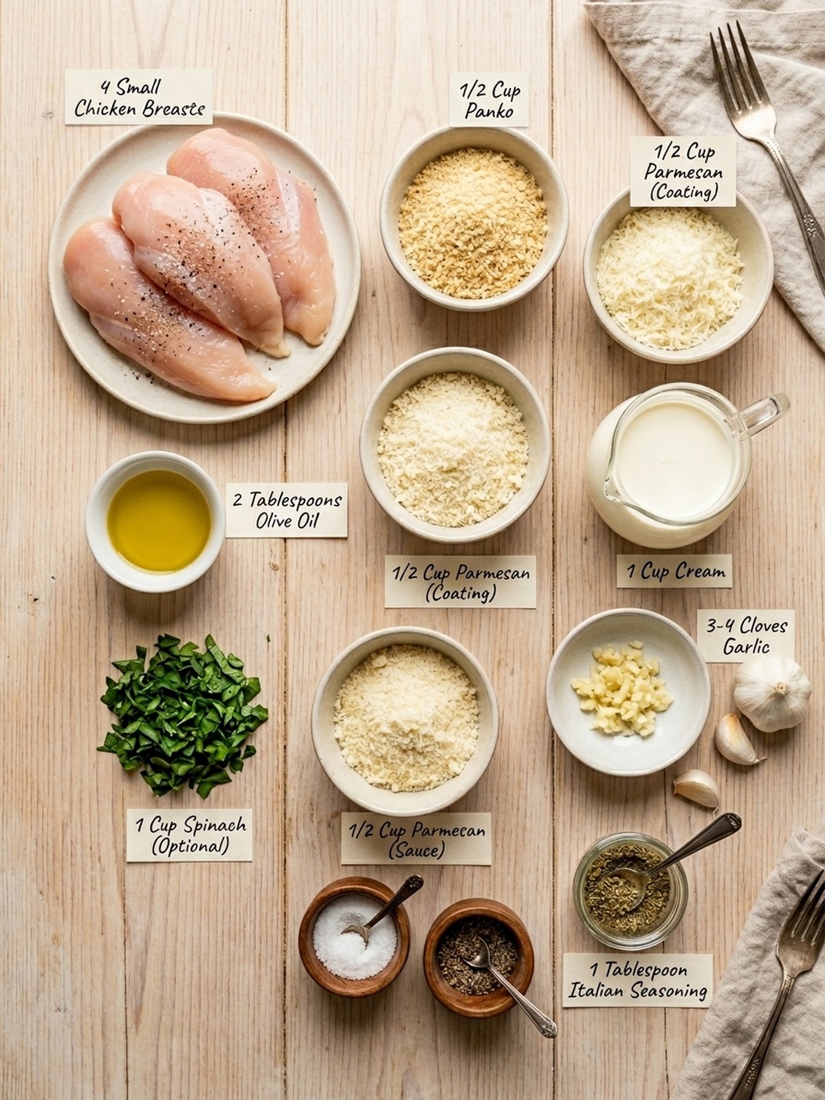 Parmesan Crusted Chicken With Creamy Garlic Sauce ingredients arranged for cooking