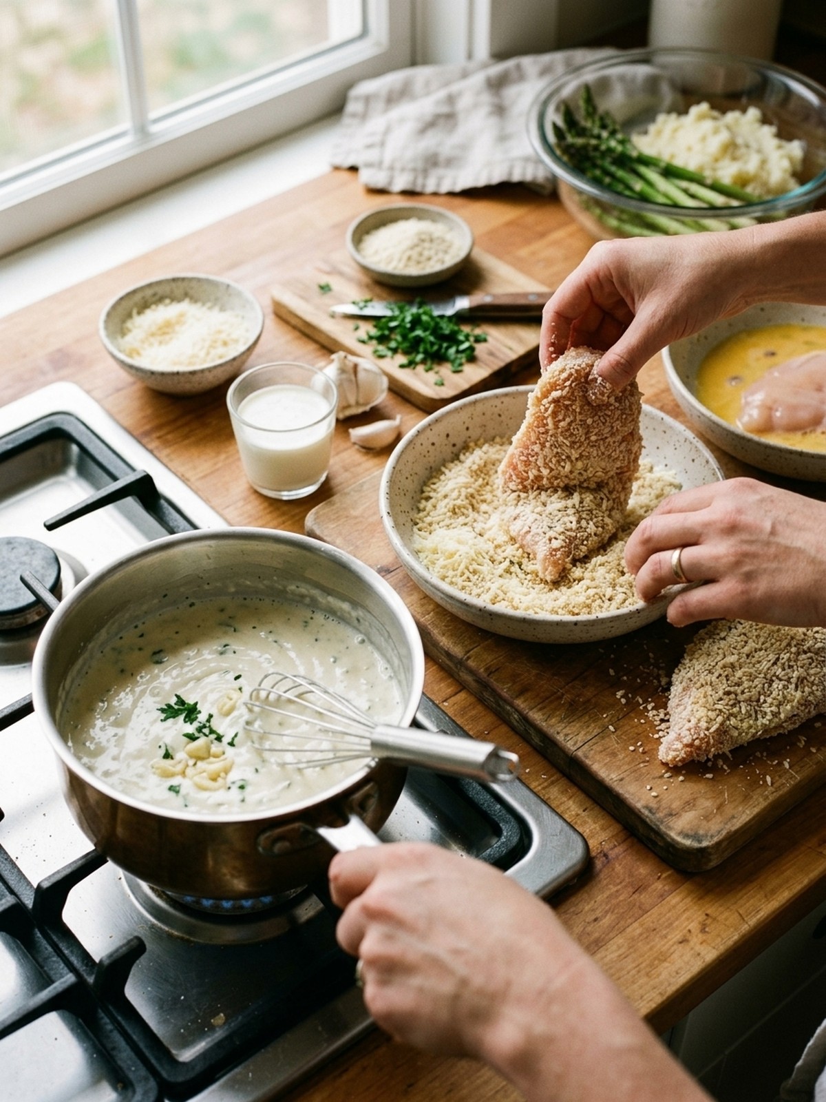 Step by step preparation of Parmesan Crusted Chicken With Creamy Garlic Sauce