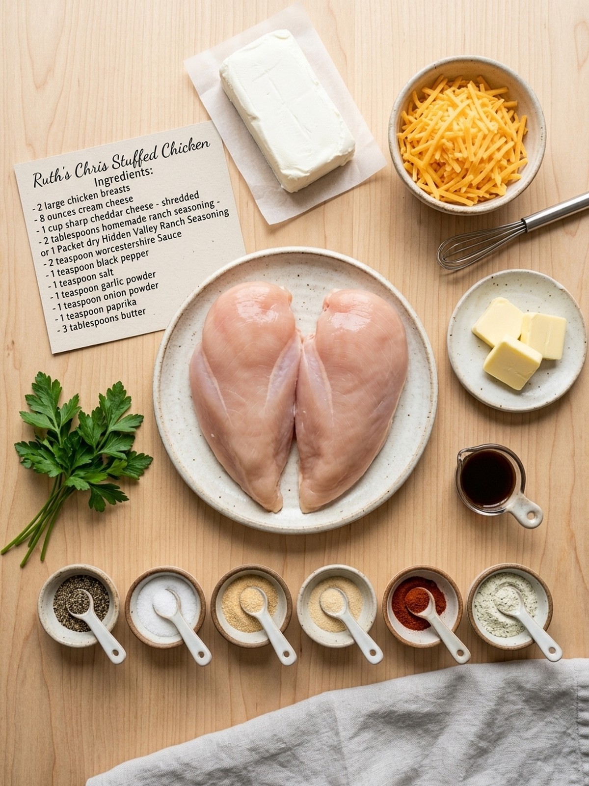 Ruth Chris Stuffed Chicken ingredients arranged for cooking