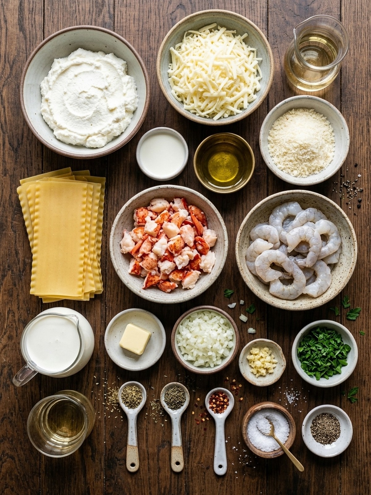 Seafood Lasagna with Lobster and Shrimp ingredients arranged for cooking