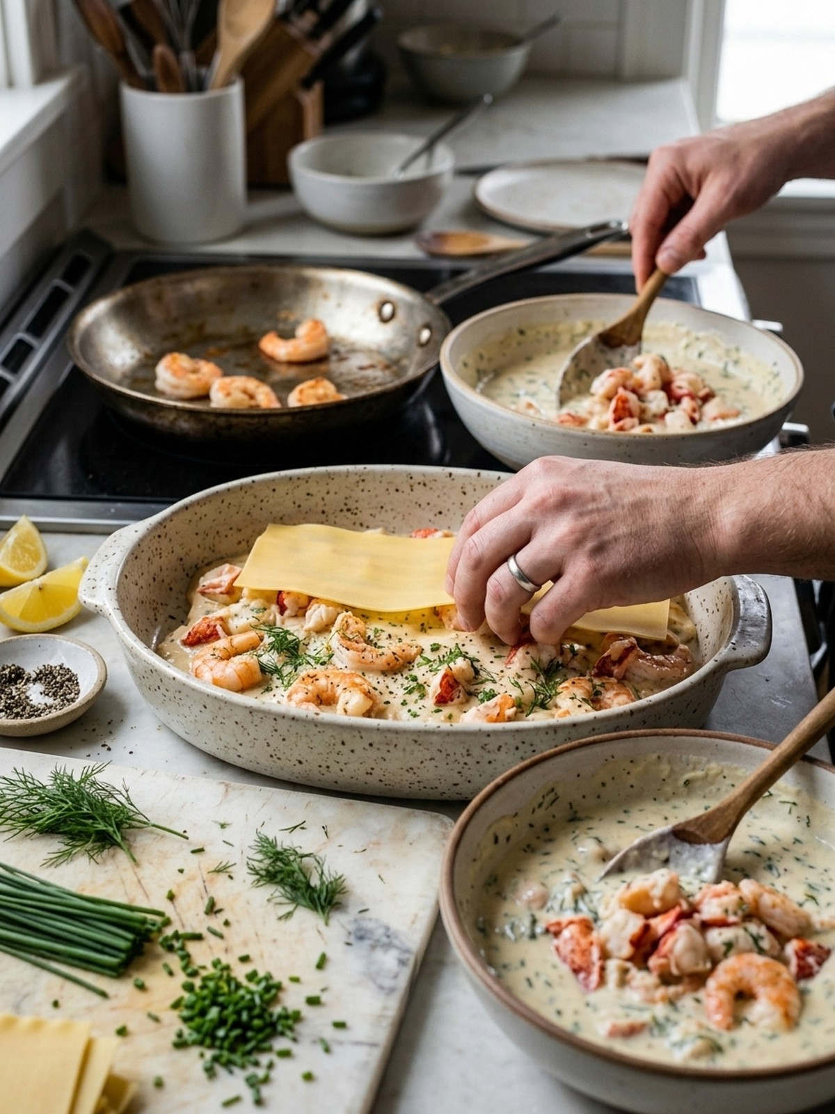 Step by step preparation of Seafood Lasagna with Lobster and Shrimp