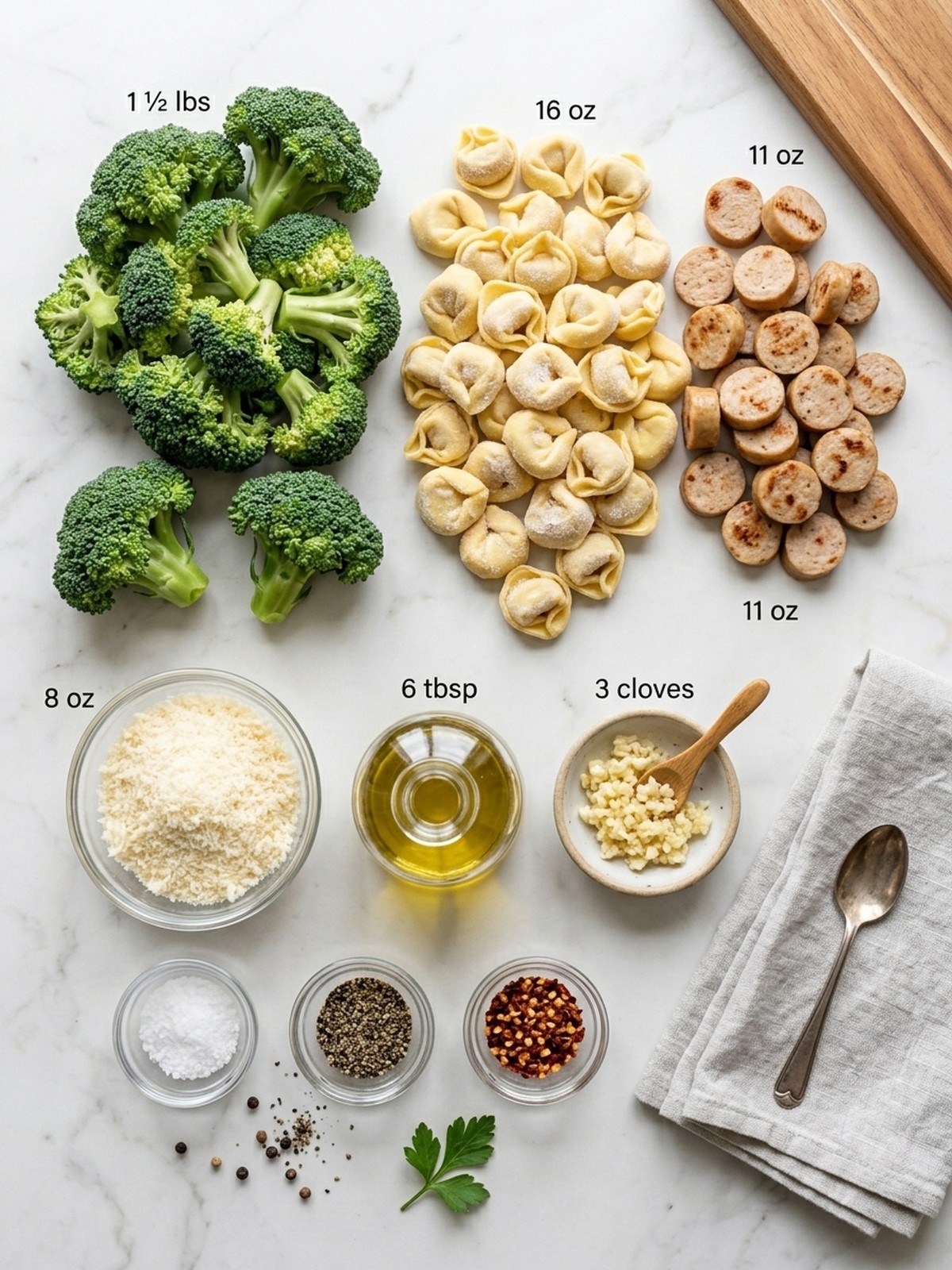 Sheet Pan Broccoli Tortellini Bake ingredients arranged for cooking