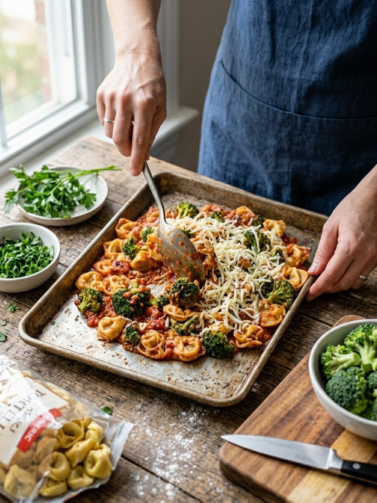 Step by step preparation of Sheet Pan Broccoli Tortellini Bake