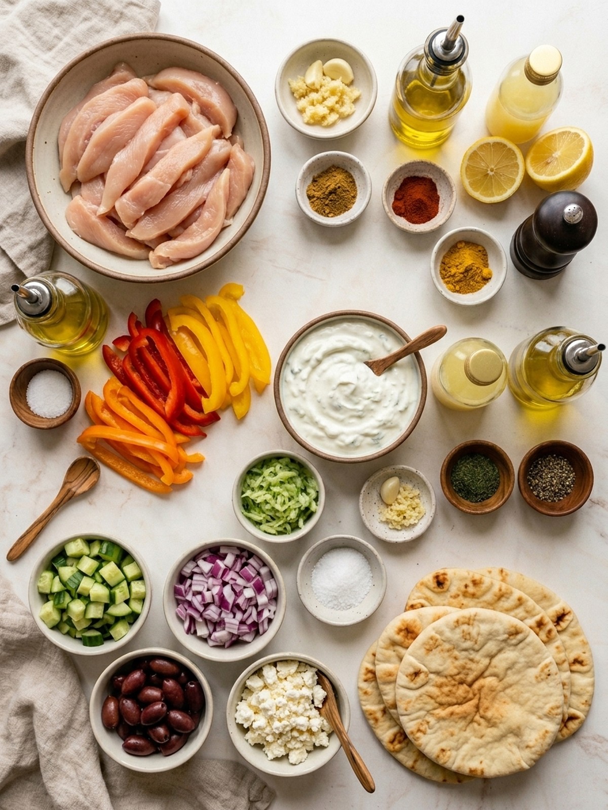 Sheet Pan Chicken Pitas ingredients arranged for cooking