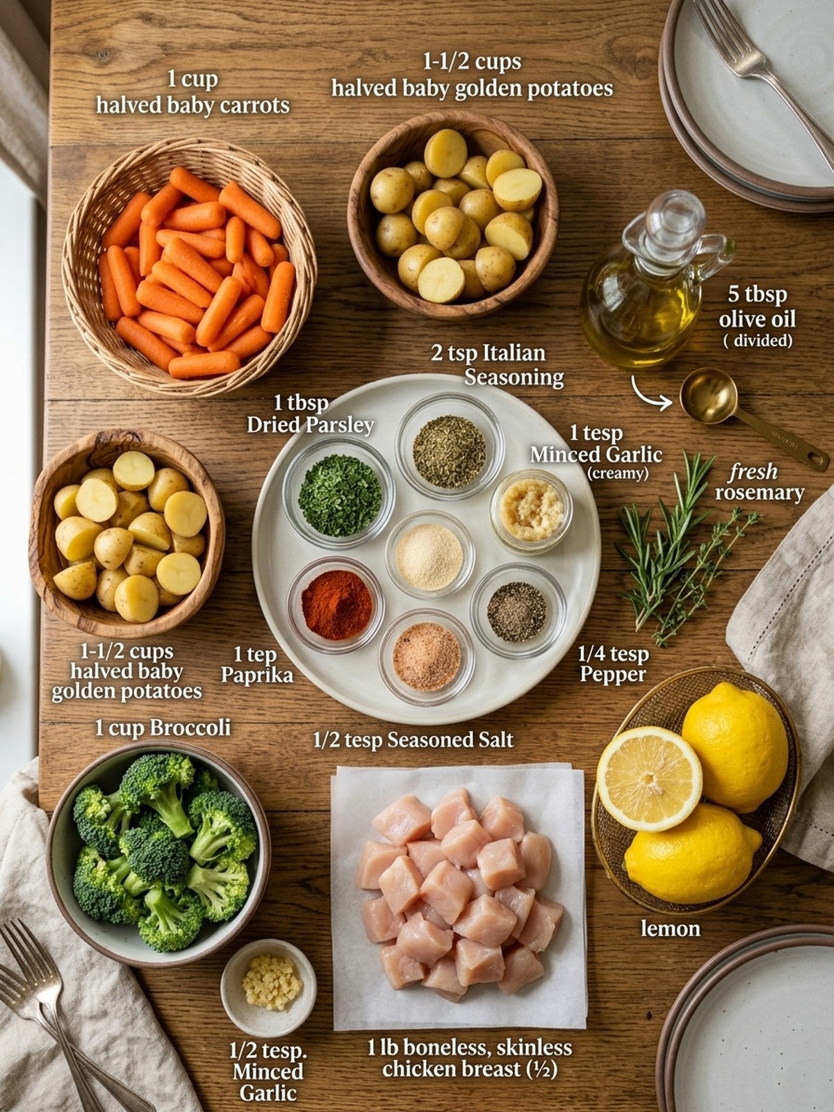 Sheet Pan Lemon Herb Chicken and Vegetables ingredients arranged for cooking