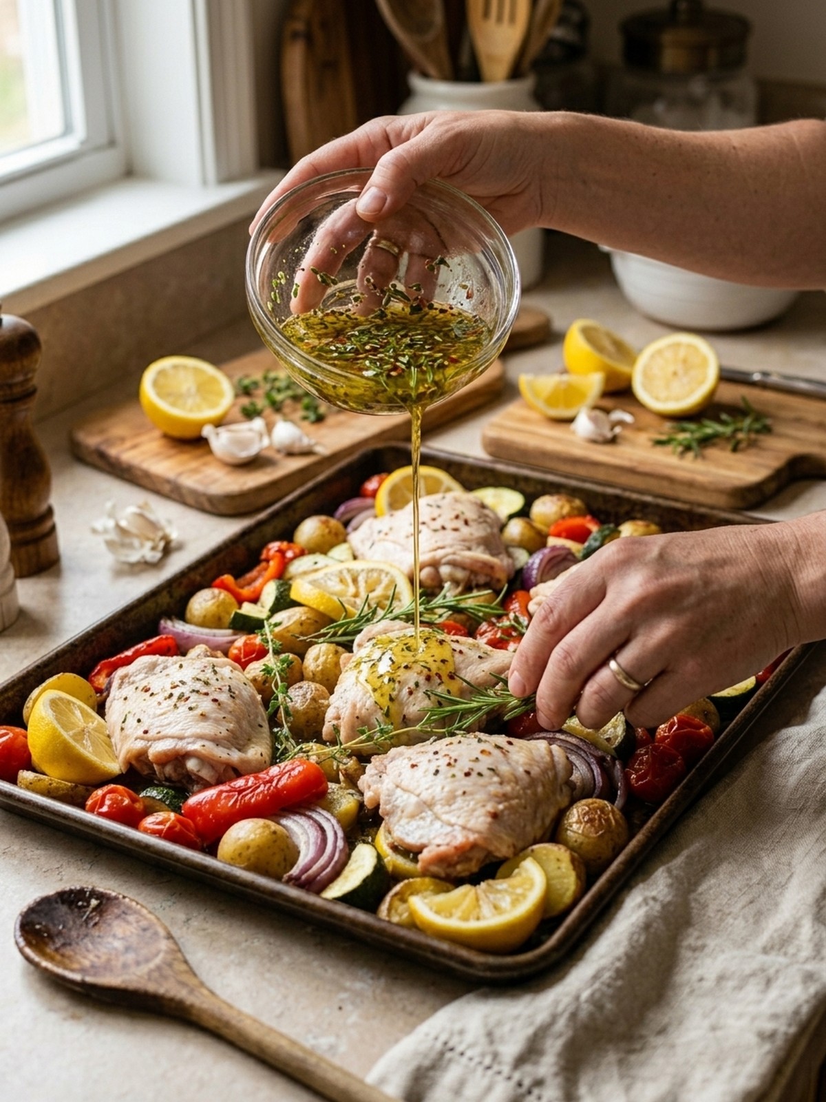 Step by step preparation of Sheet Pan Lemon Herb Chicken and Vegetables