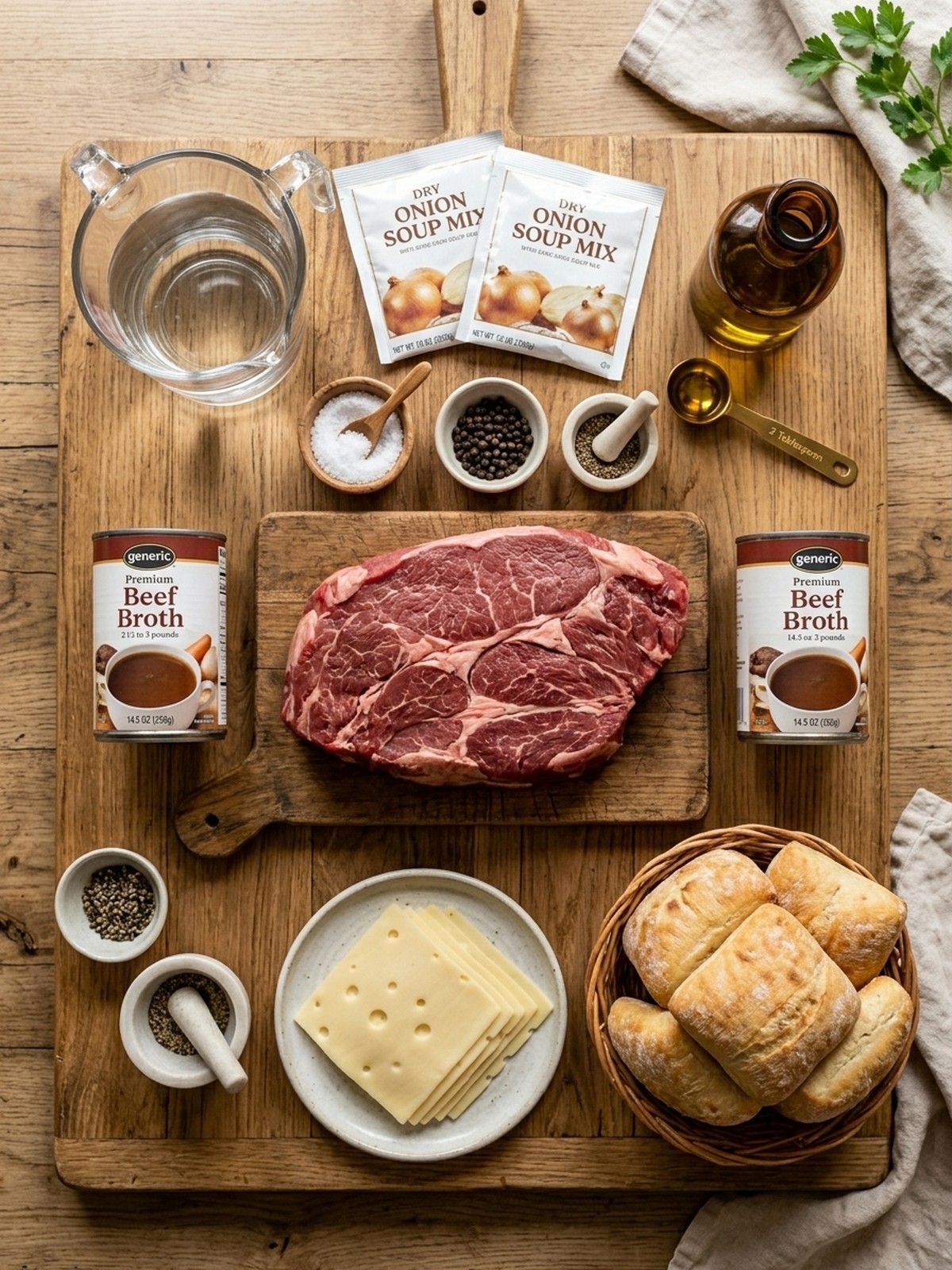 Slow Cooker French Dip Sandwiches ingredients with chuck roast broth rolls and cheese arranged for cooking