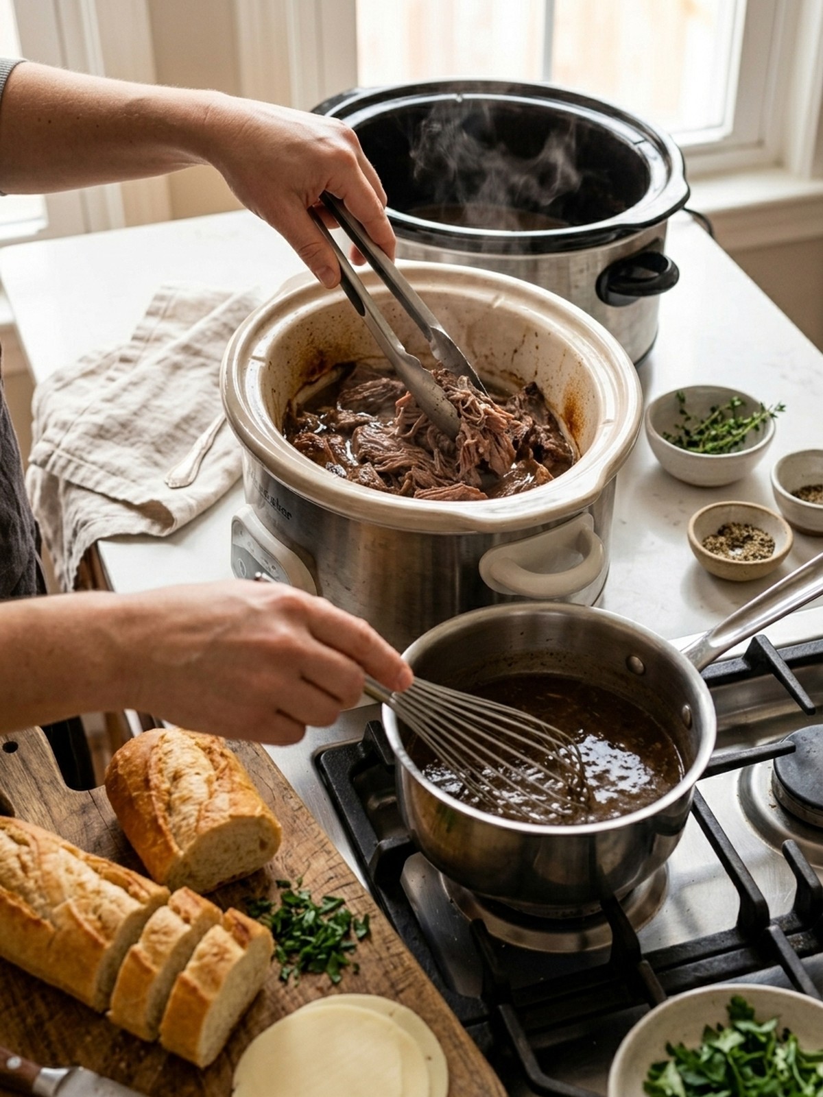 Step by step preparation of Slow Cooker French Dip Sandwiches with shredded beef and au jus