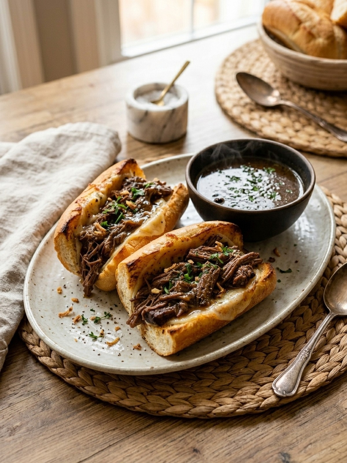 Serving and variation ideas for Slow Cooker French Dip Sandwiches with melted cheese and dipping jus