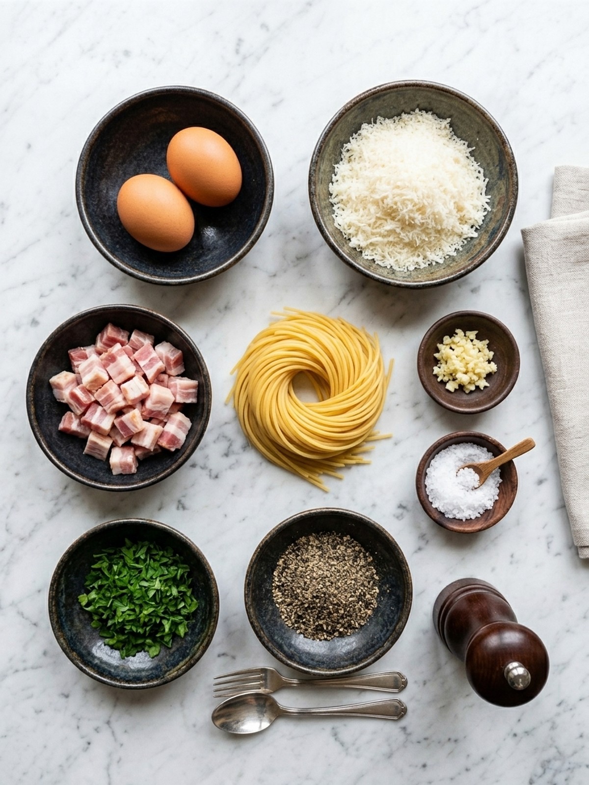 Spaghetti Carbonara ingredients with pasta bacon eggs Parmesan garlic and parsley