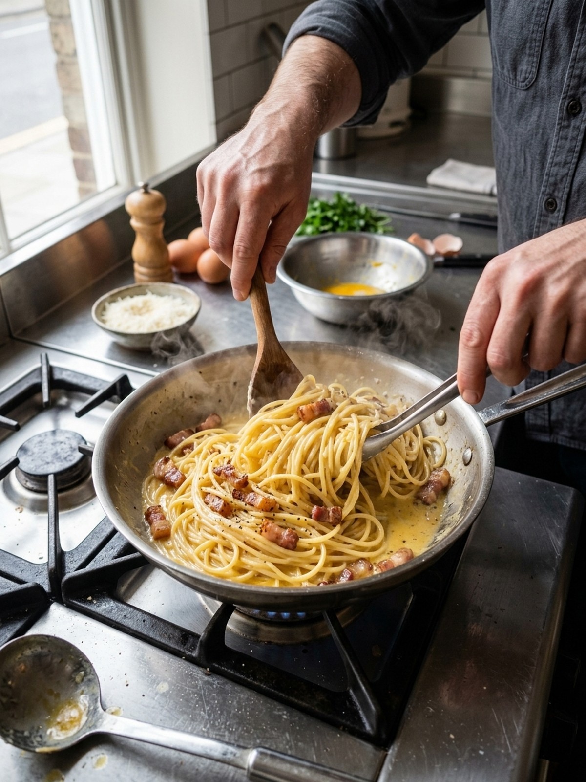 Step by step preparation of Spaghetti Carbonara with bacon and creamy pasta sauce