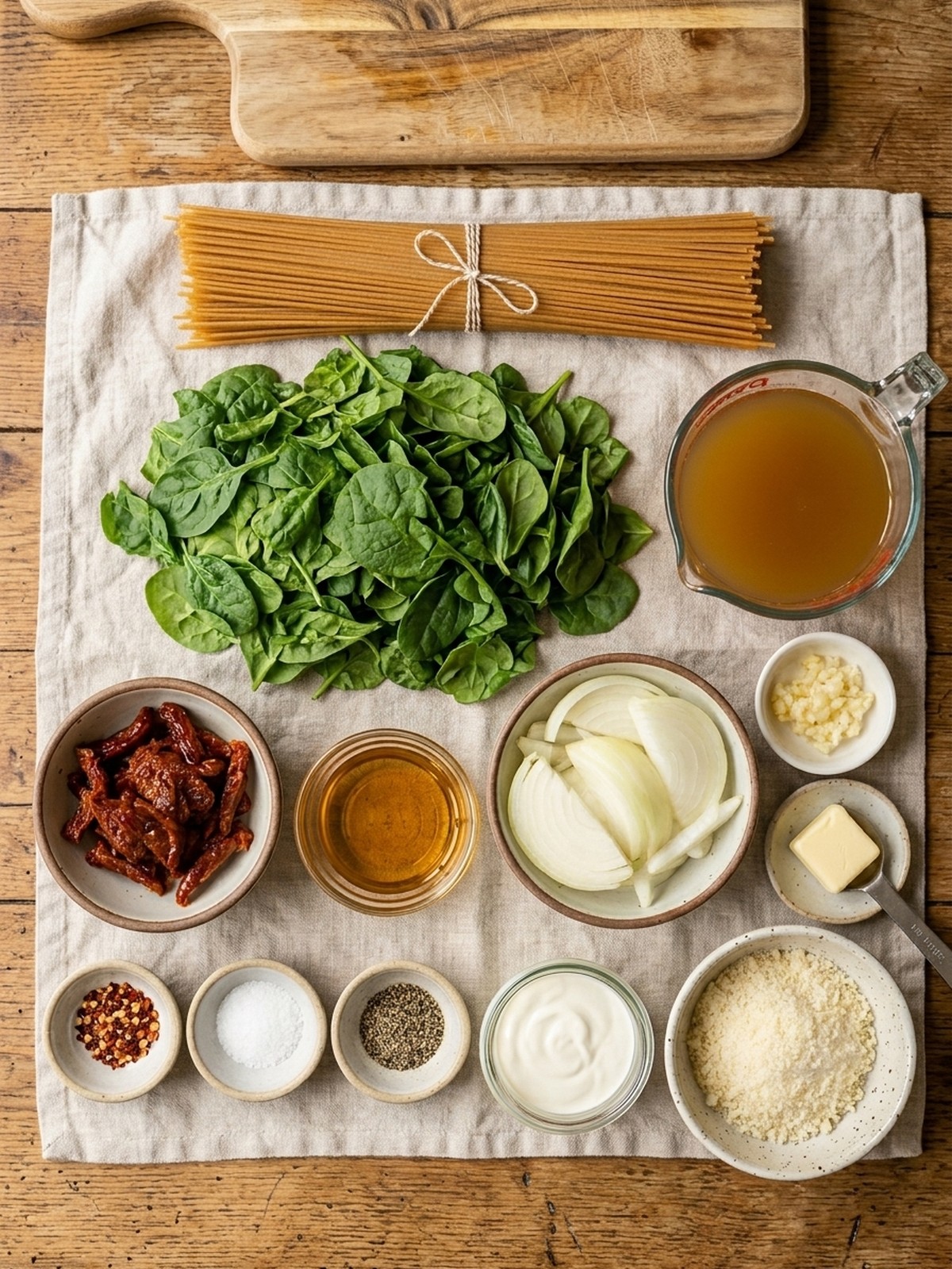 Spaghetti & Spinach With Sun-dried Tomato Cream Sauce ingredients arranged for cooking