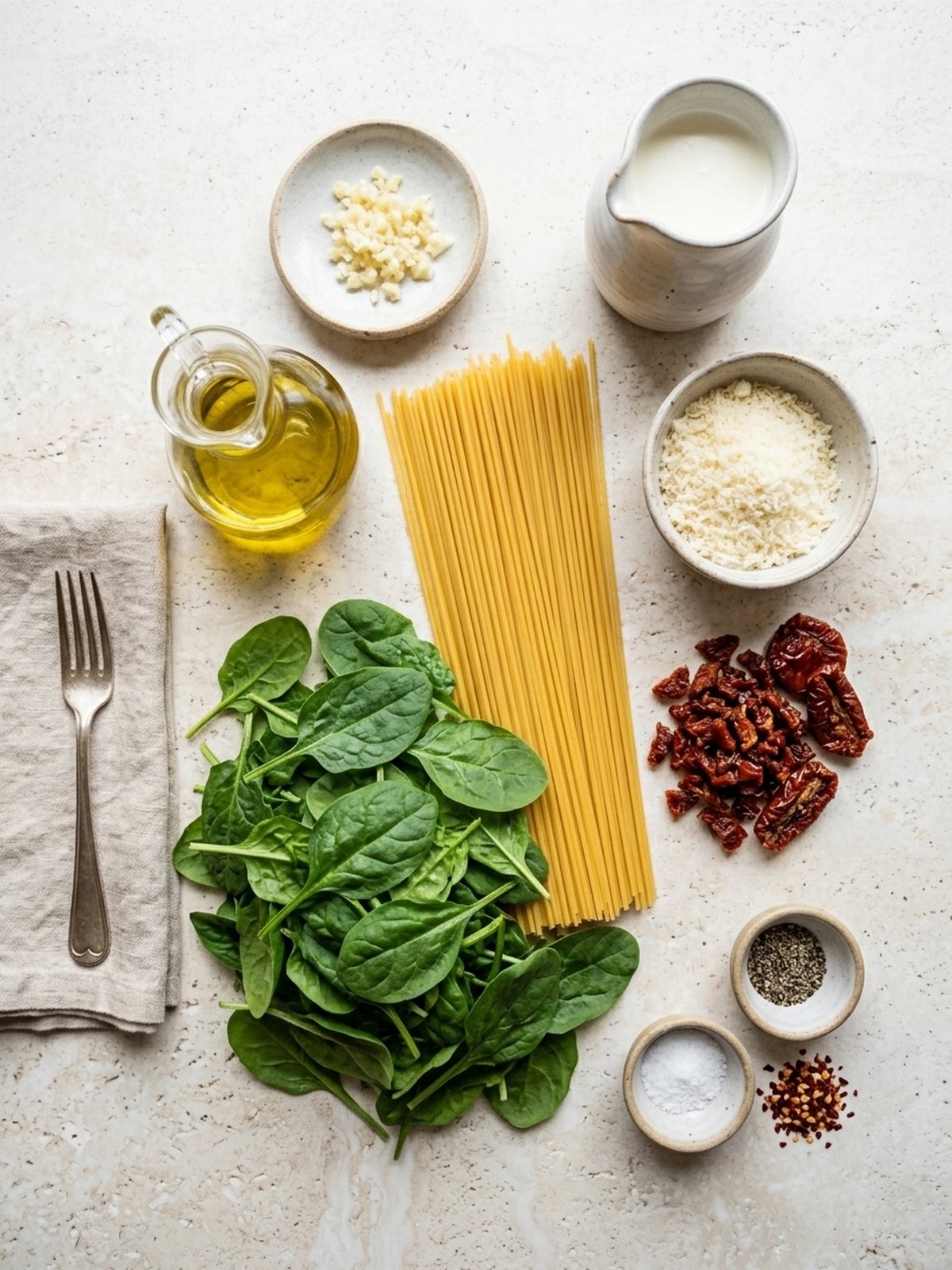 Spaghetti and spinach ingredients with sun-dried tomatoes for creamy pasta