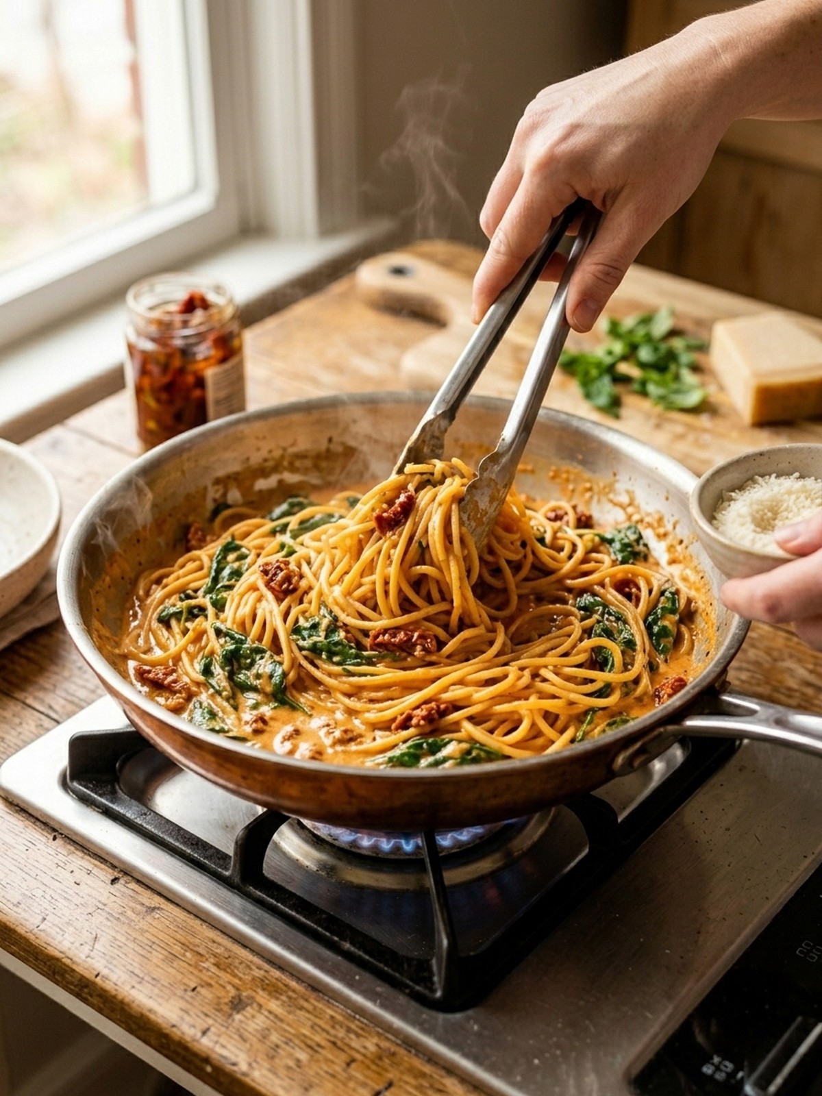 Step by step preparation of Spaghetti & Spinach With Sun-dried Tomato Cream Sauce