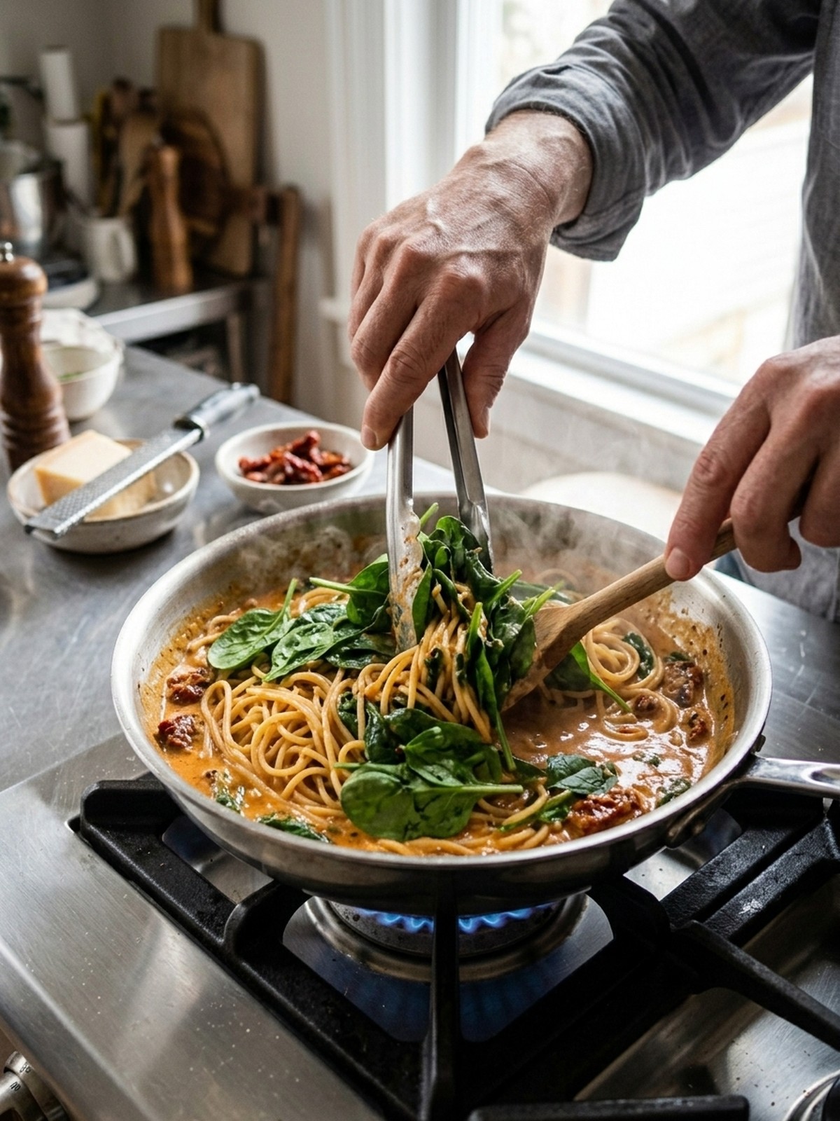 Step by step preparation of spaghetti with spinach and sun-dried tomato cream sauce