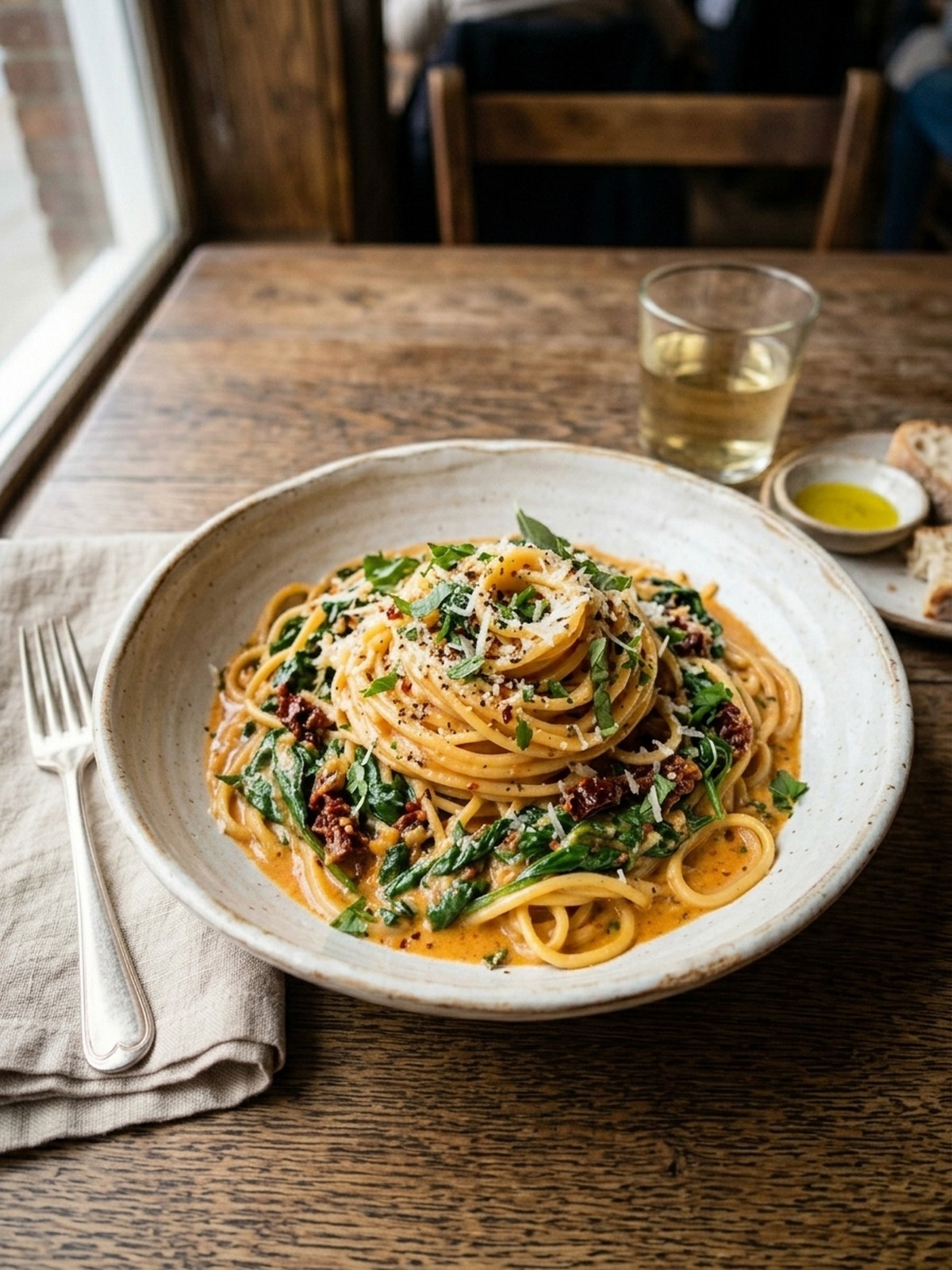 Creamy sun-dried tomato spinach pasta served with Parmesan and pepper flakes