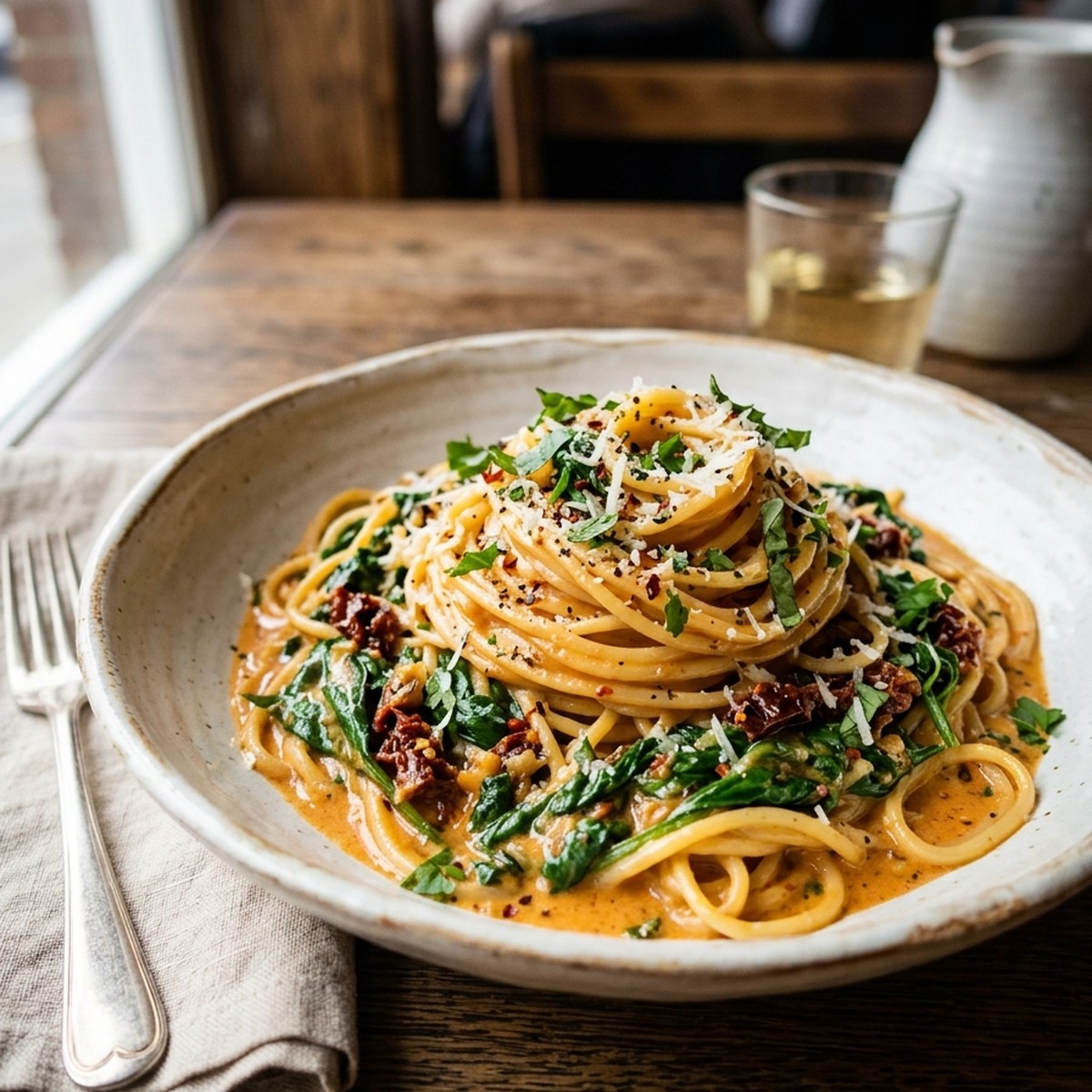 Spaghetti & Spinach With Sun-Dried Tomato Cream Sauce