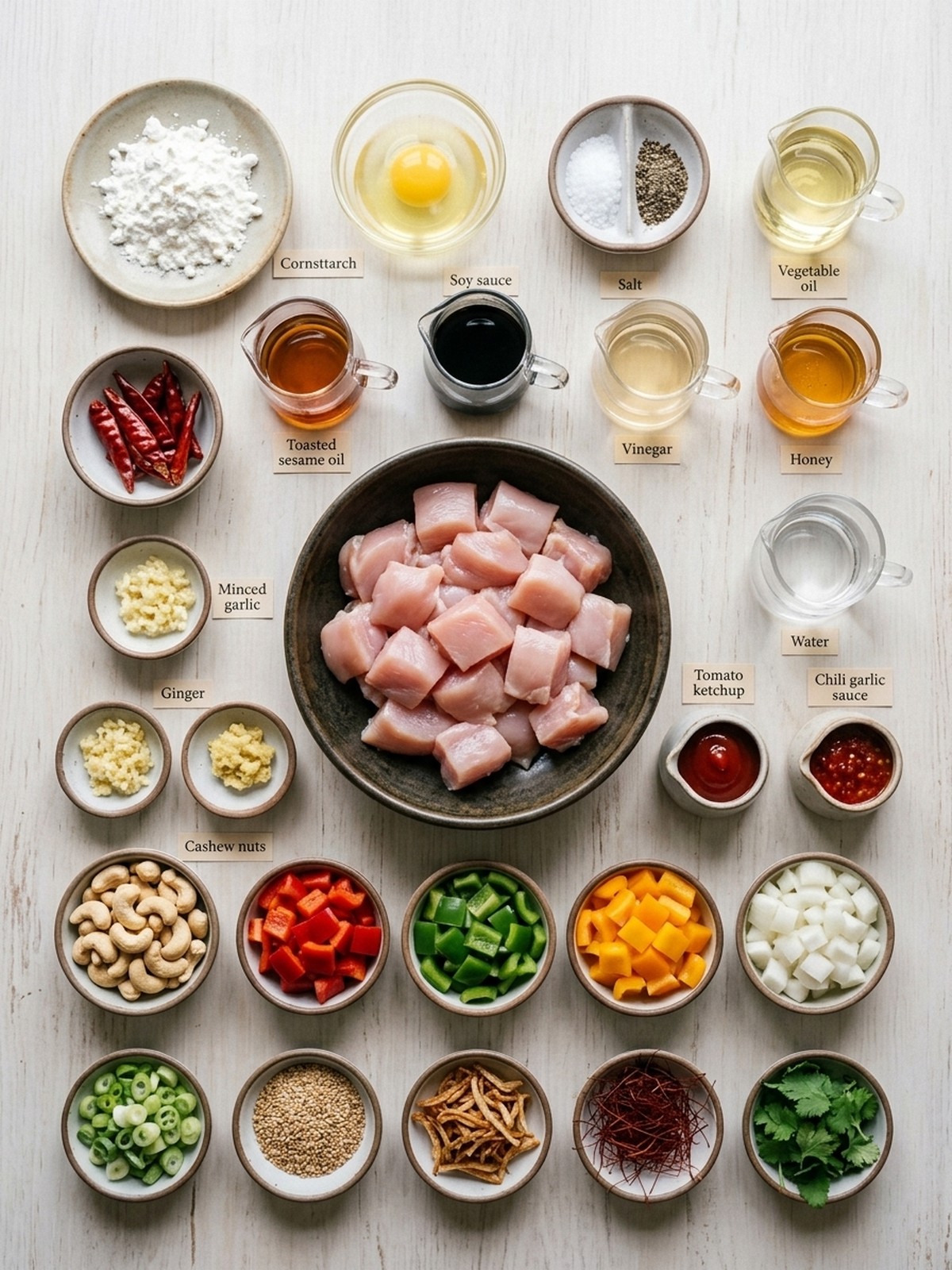 Spicy Dragon Chicken ingredients arranged for cooking