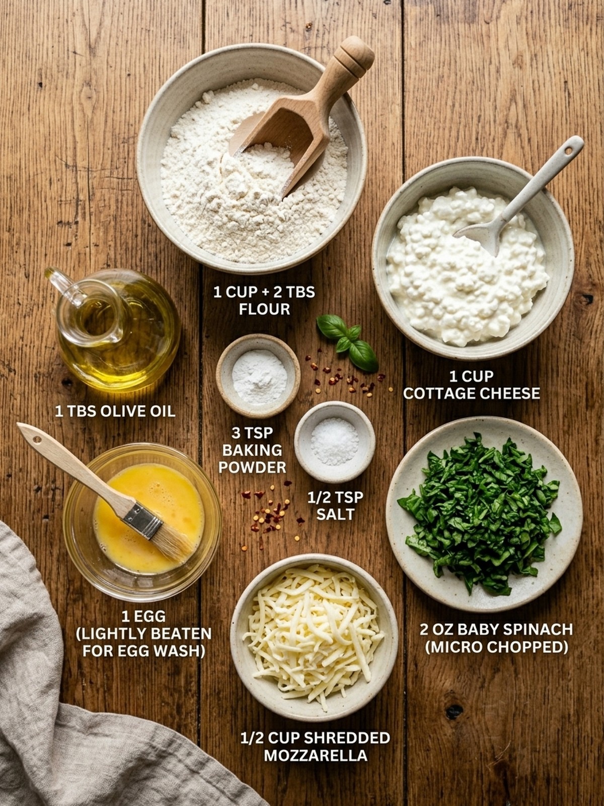 Spinach Cottage Cheese Flagels ingredients arranged for baking