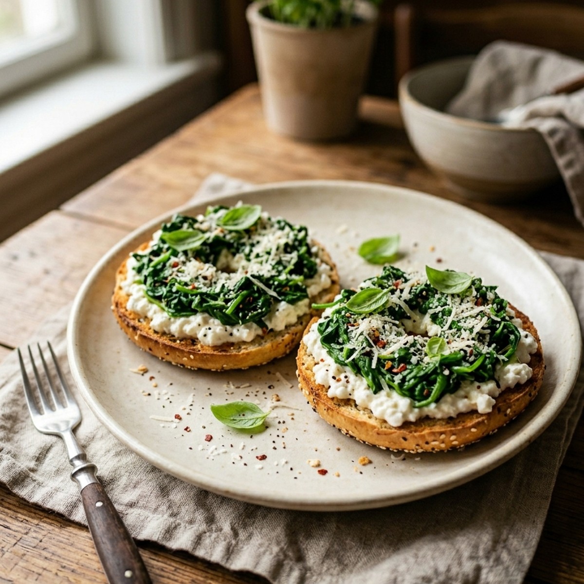 Spinach Cottage Cheese Flagels