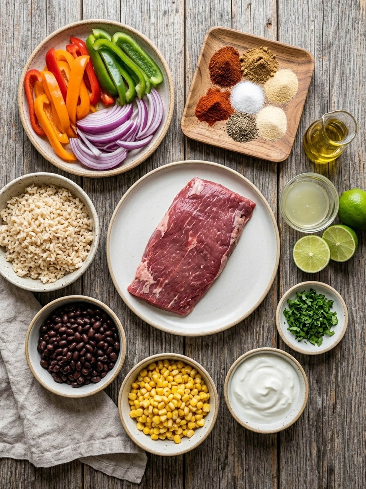 Steak Fajita Bowl ingredients with flank steak peppers rice beans corn and lime yogurt sauce