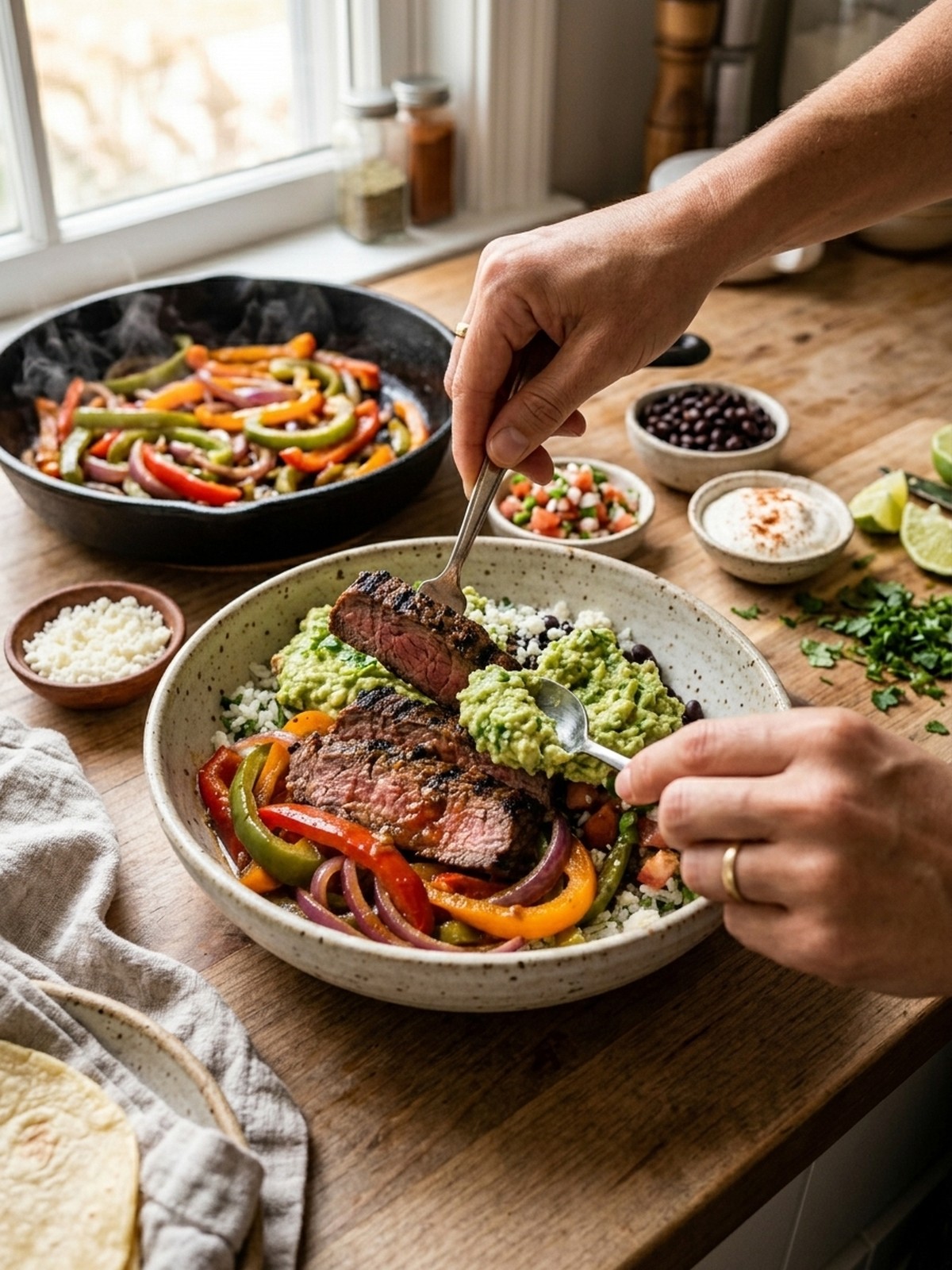 Step by step preparation of Steak Fajita Bowl with steak and peppers cooking in a skillet