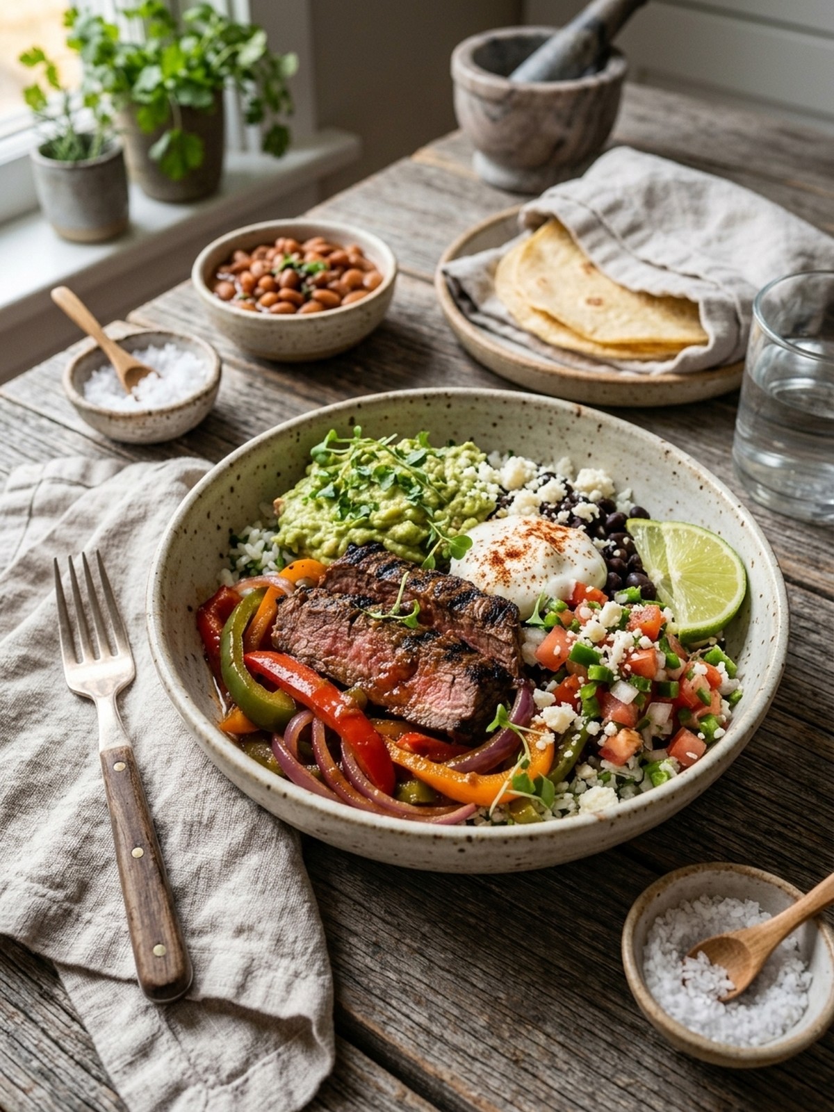 Serving and variation ideas for Steak Fajita Bowl with rice beans corn peppers and lime yogurt sauce
