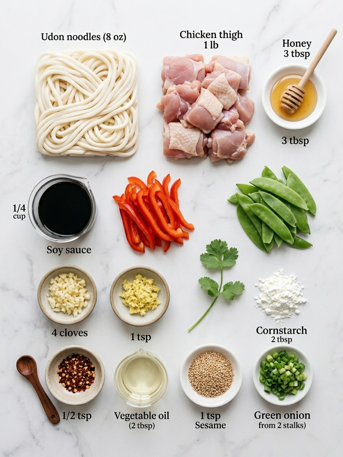 Sticky Garlic Chicken Noodles ingredients arranged for cooking