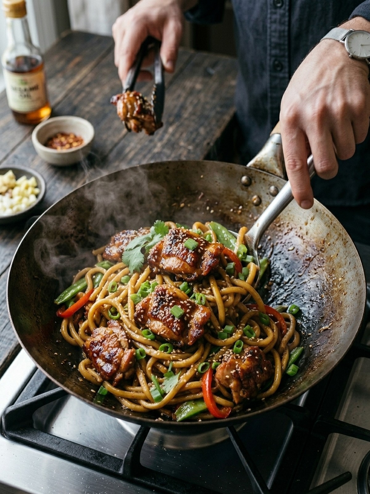 Step by step preparation of Sticky Garlic Chicken Noodles