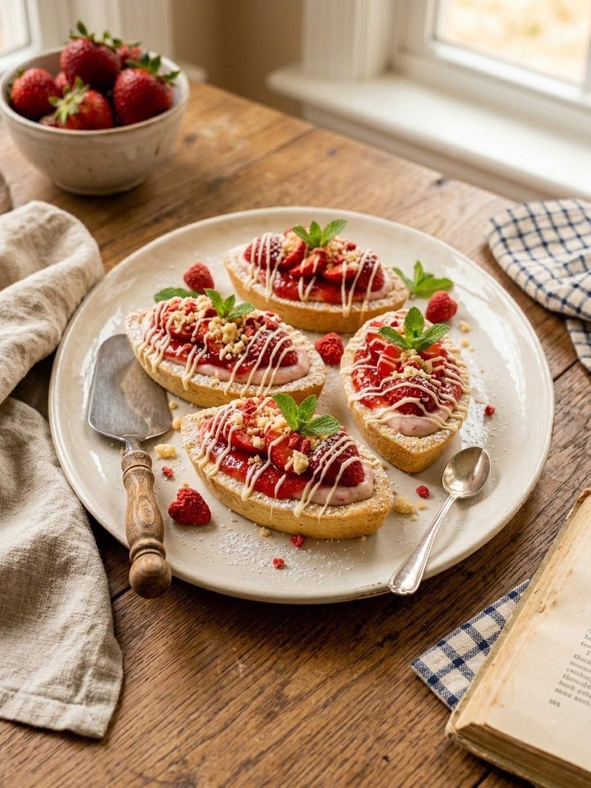 Serving and variation ideas for Strawberry Cookie Boats on a dessert tray