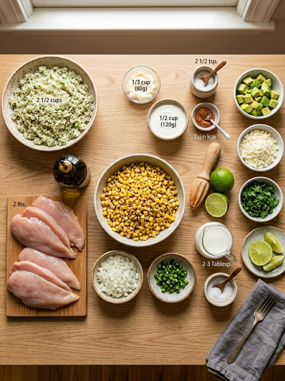 Street Corn Chicken Bowl ingredients arranged with rice chicken corn avocado cotija cilantro and lime